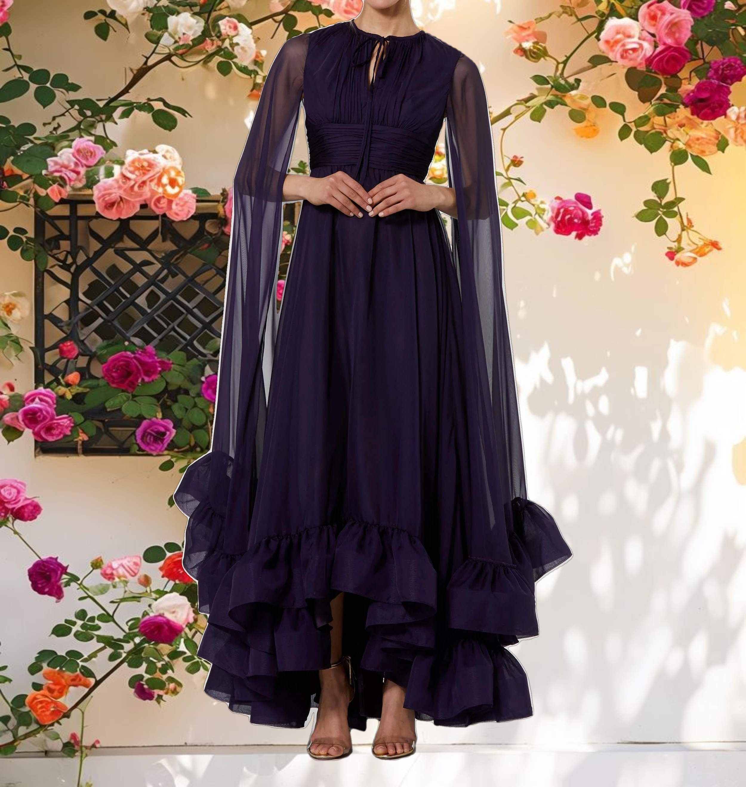 Pink Tulle Coat Sleeve Floor Length Dress With Keyhole