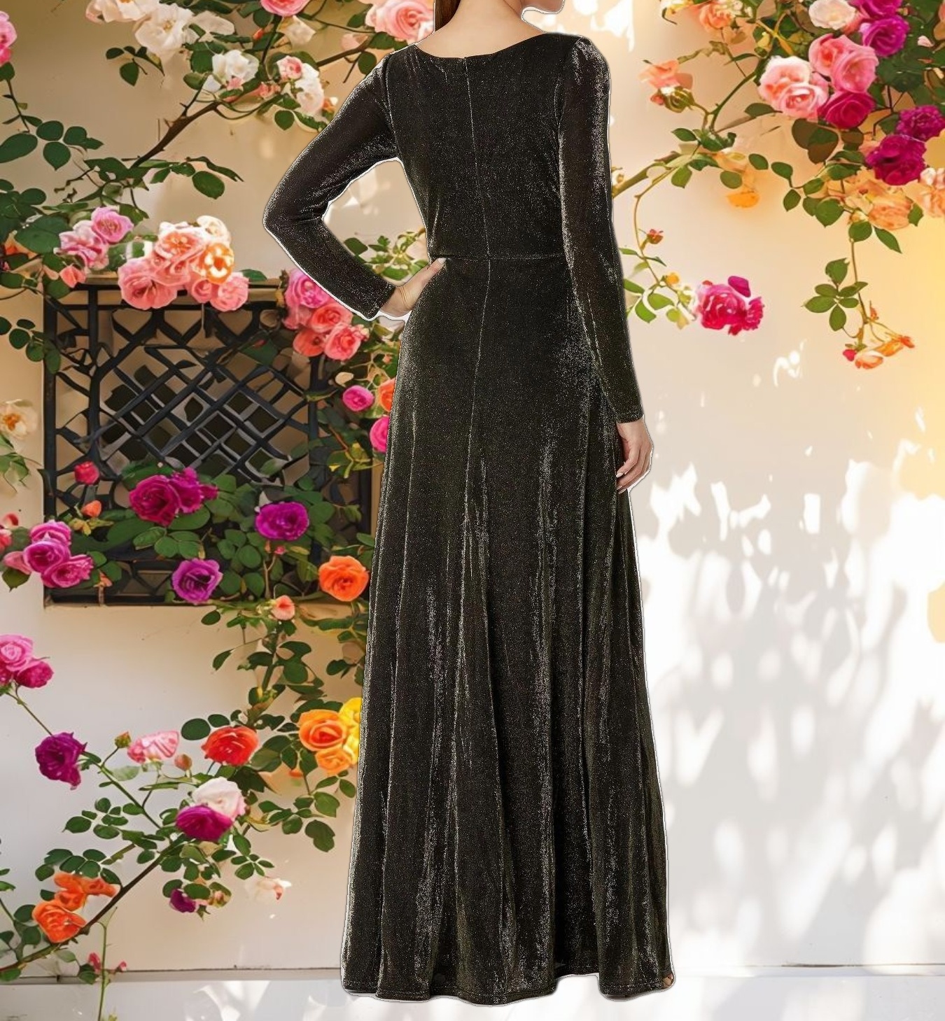 Black Long Sleeve Faux Wrap A Line Gown