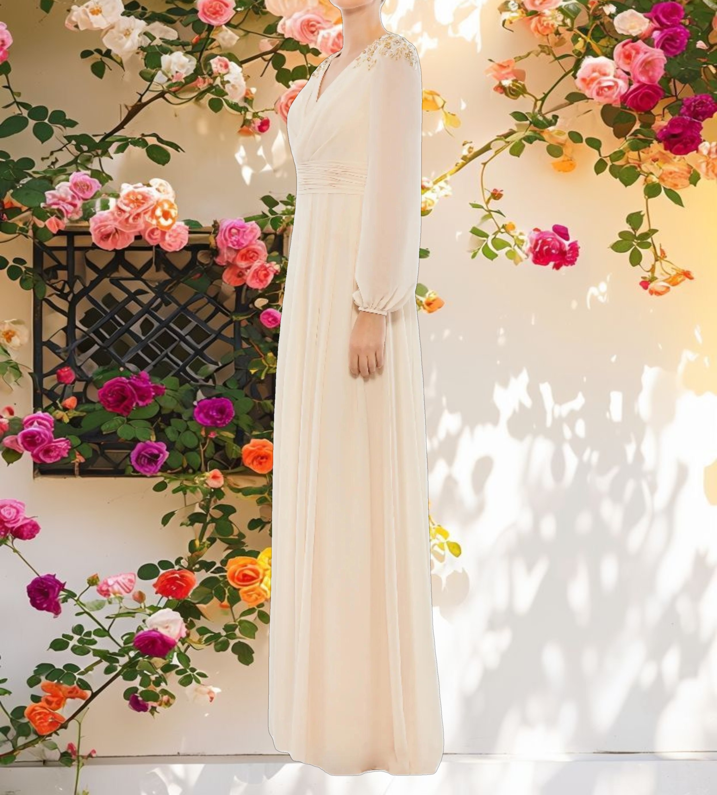 Beige Embellished Shoulder Blouson Sleeve Evening Gown