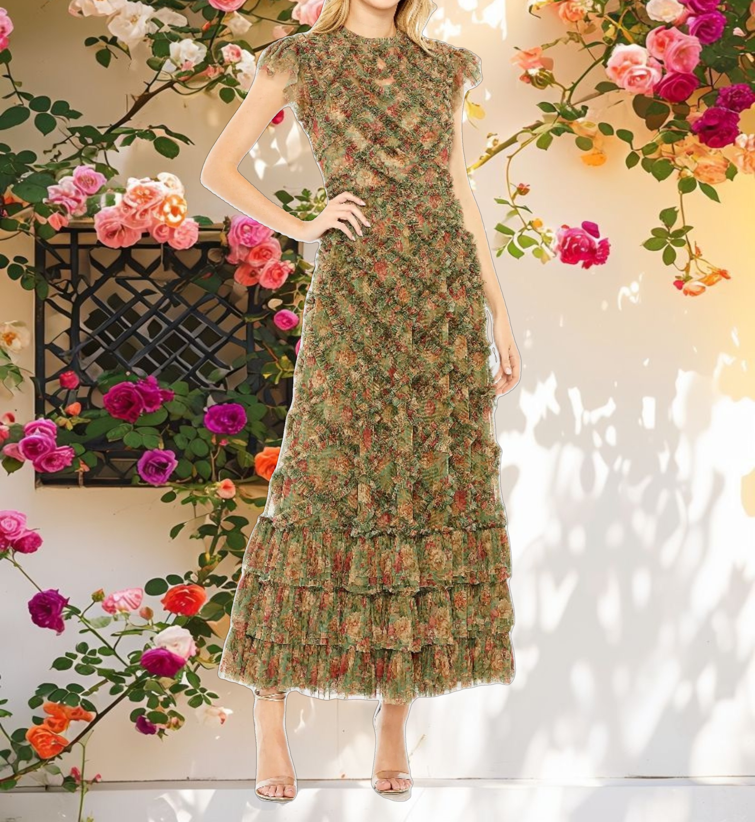 High Neck Ruffle Cap Sleeve Dress