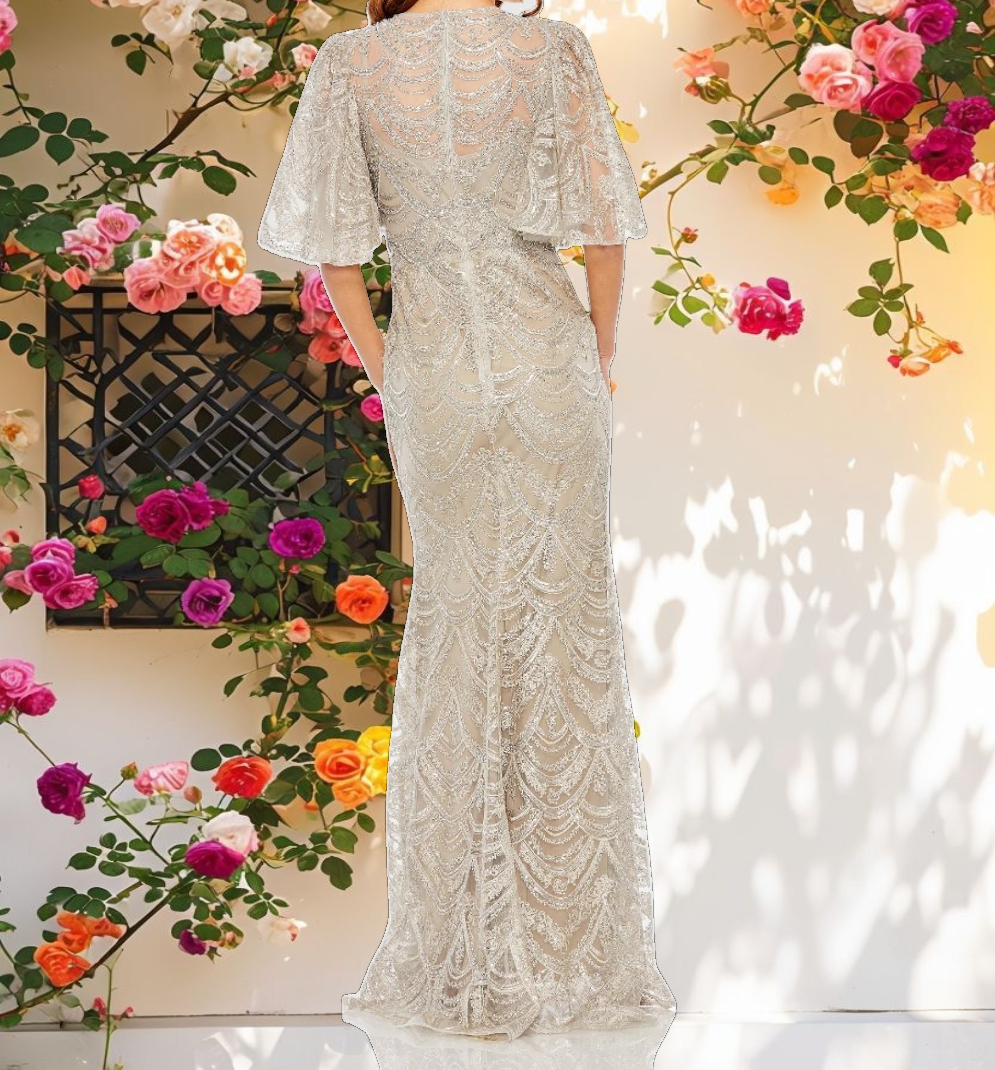 Flutter Sleeve High Neck Gown