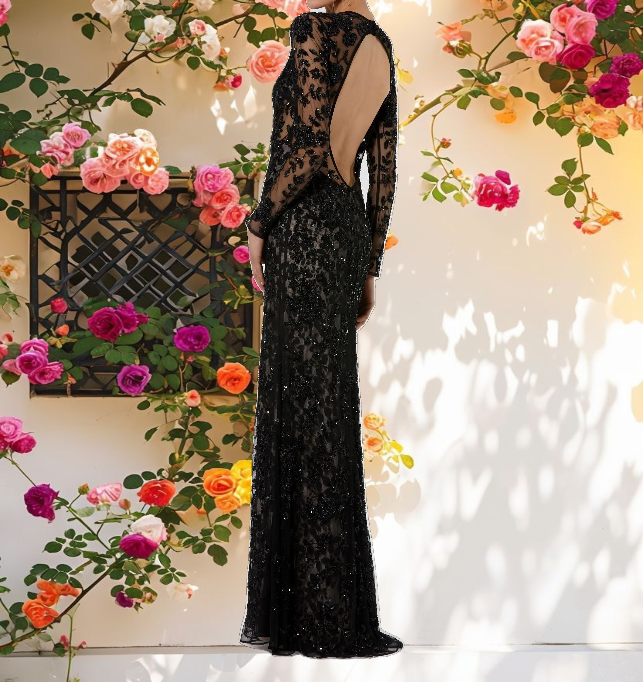 Long Sleeve Floral Embellished Gown