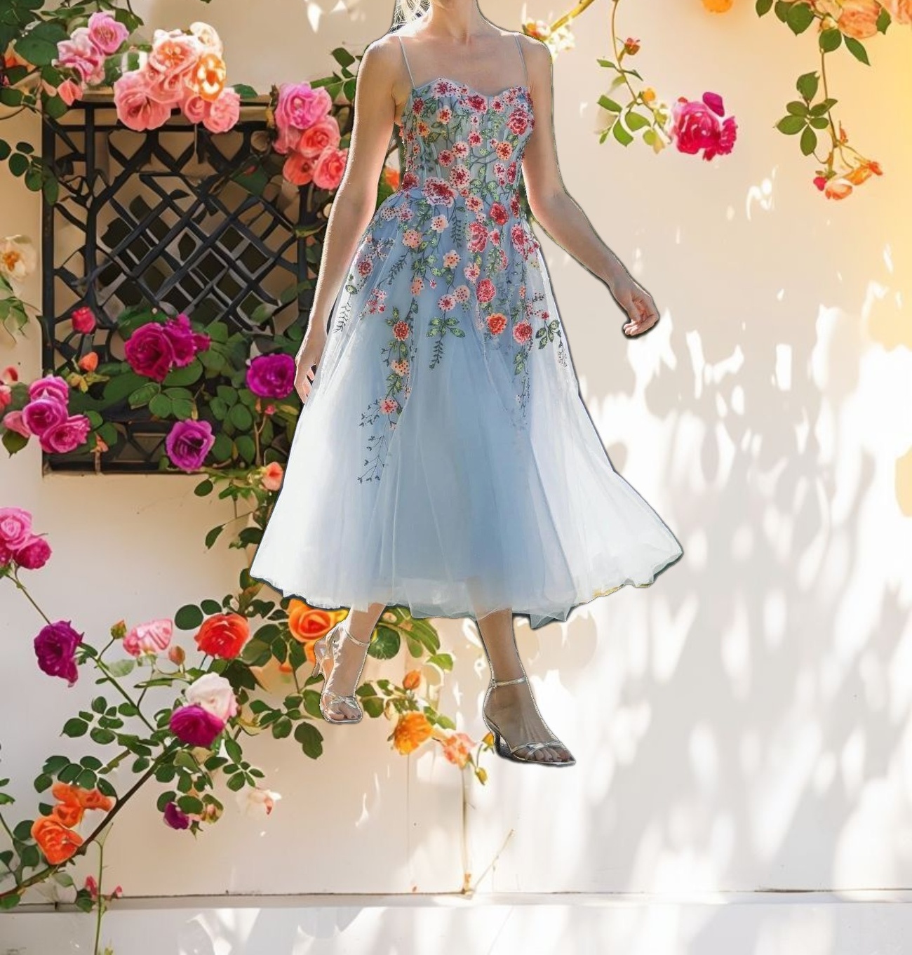 Blue Bustier Embroidered Floral A Line Dress