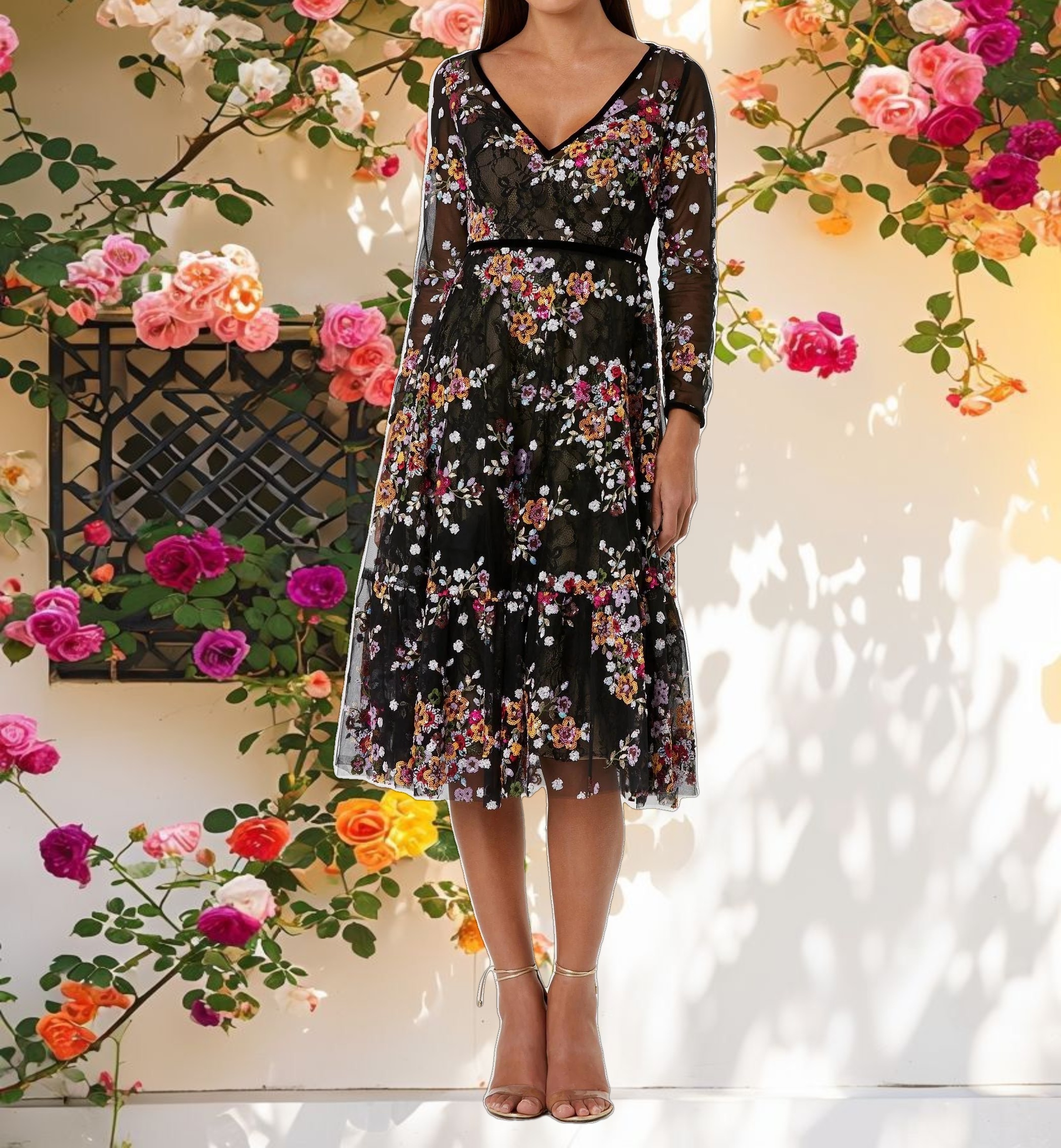 Floral Embroidered Tea Length Dress