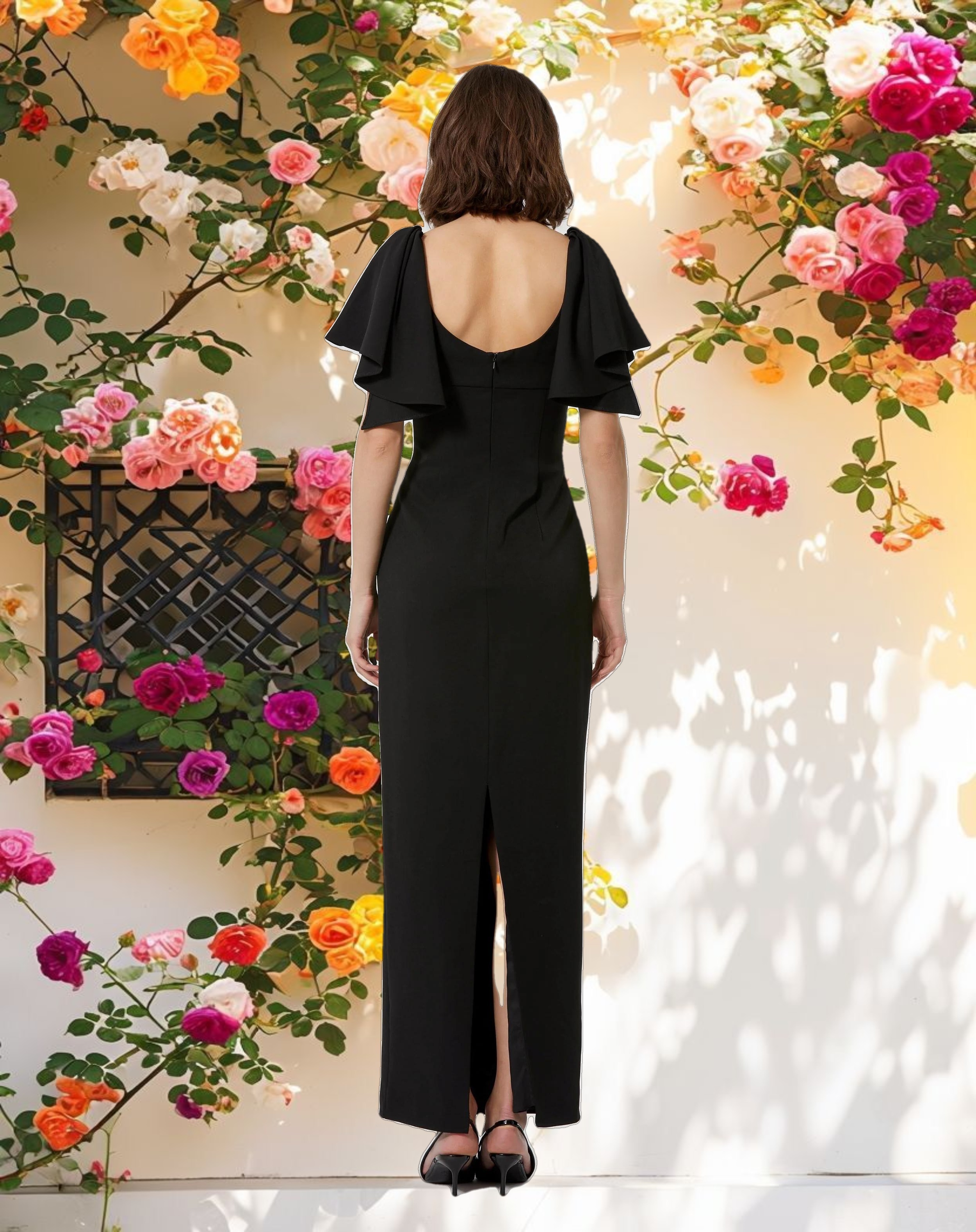 Black Crepe Fitted Long Dress With Short Ruffle Sleeves
