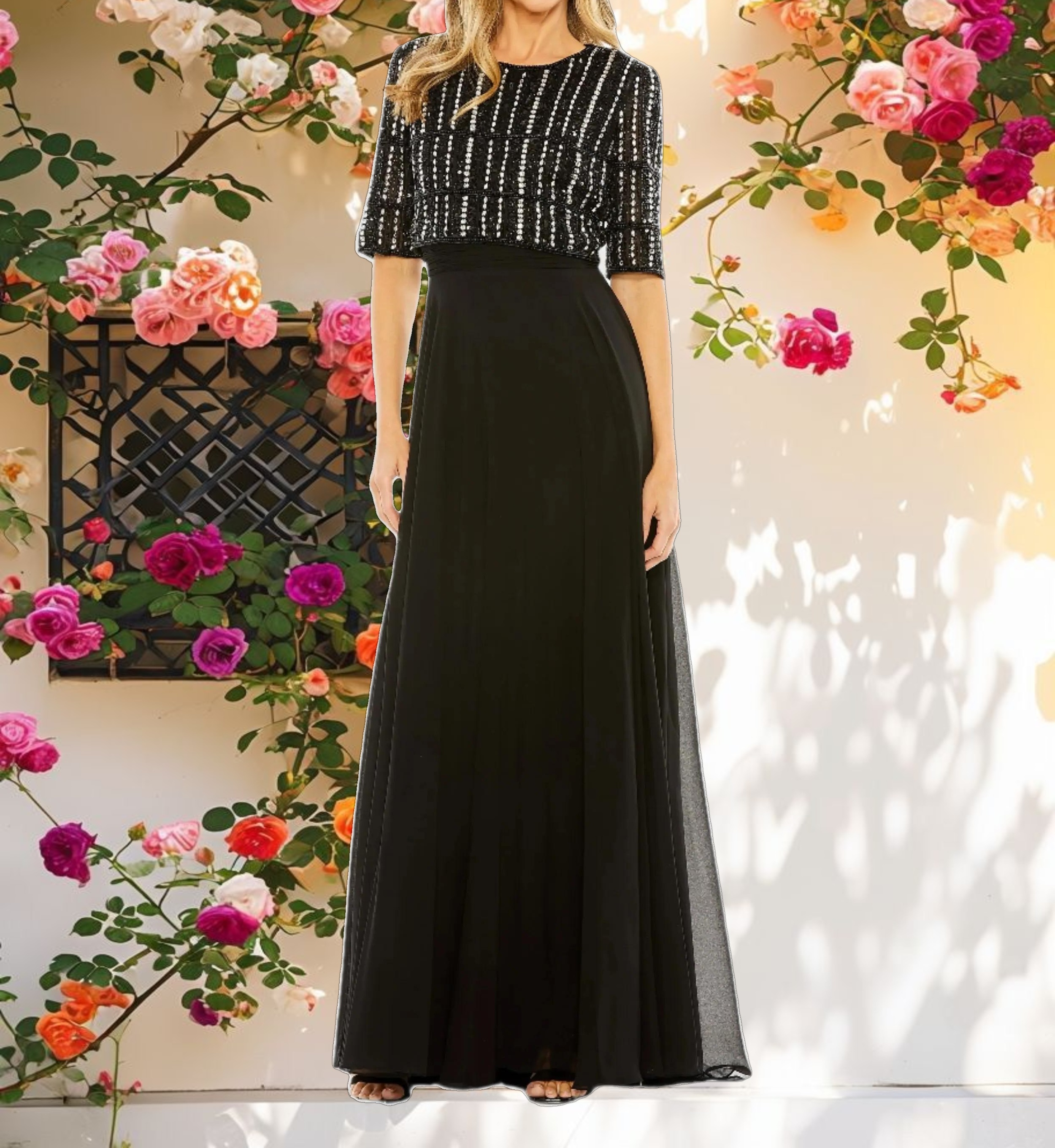 Gown with Beaded 3/4 Sleeve Top