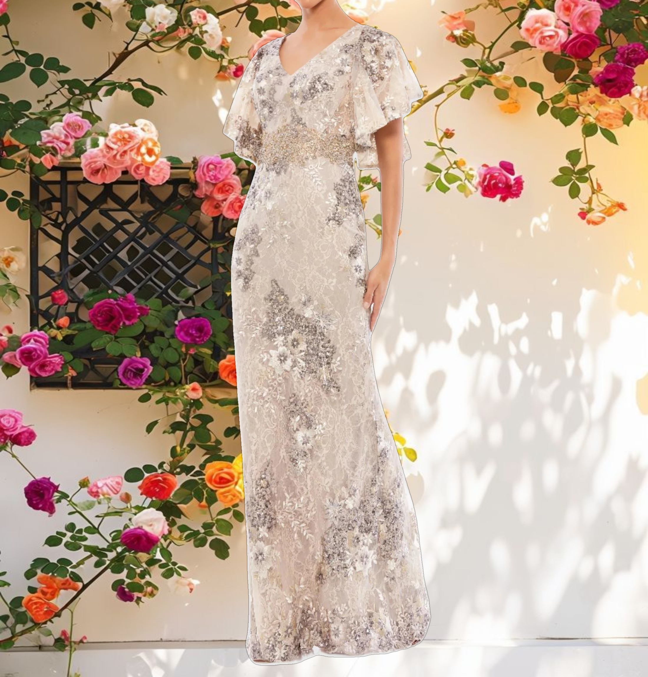 Beige Bell Sleeve Floral Embellished Gown