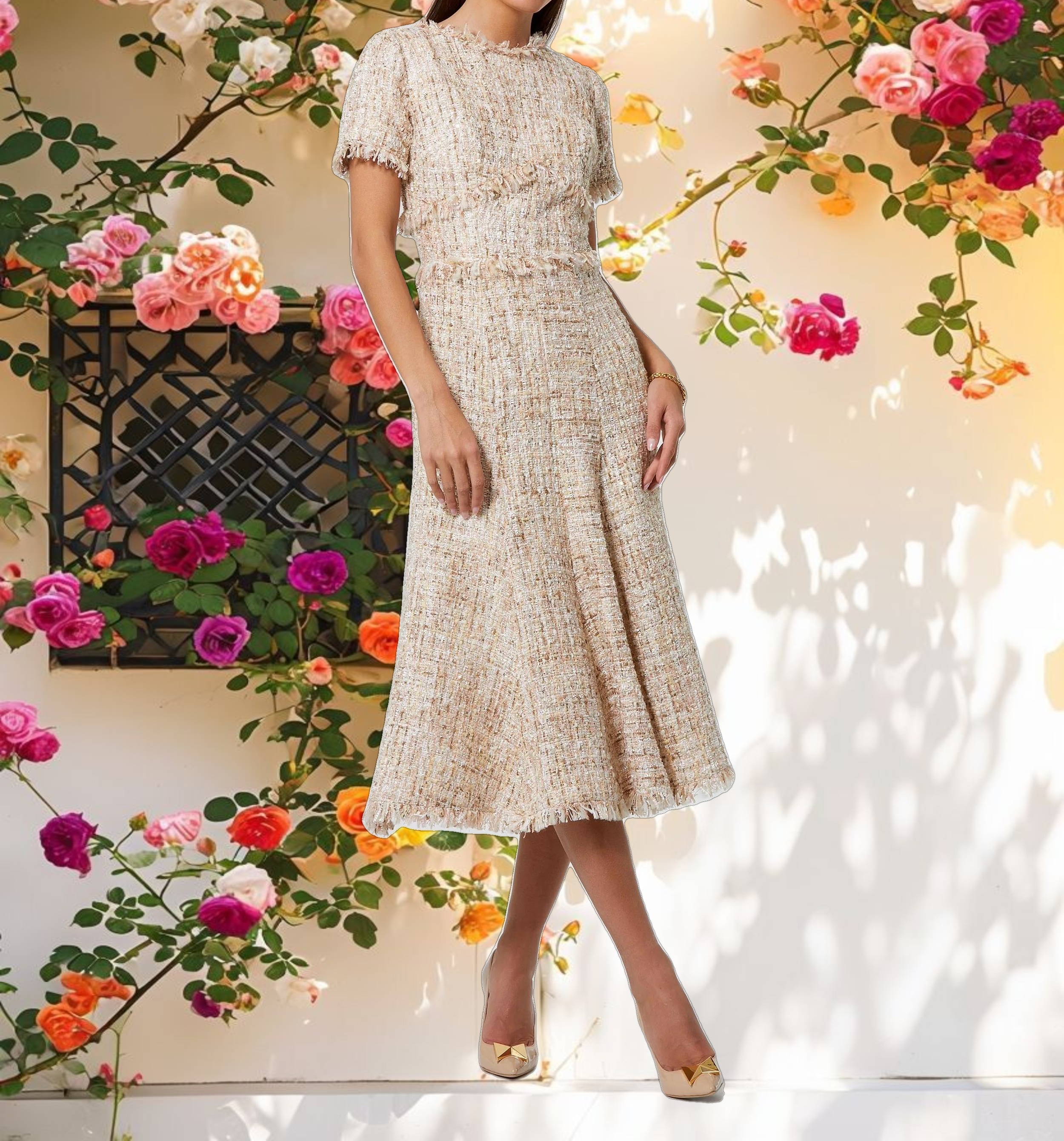 Beige Boucle Short Sleeve A Line Midi Dress