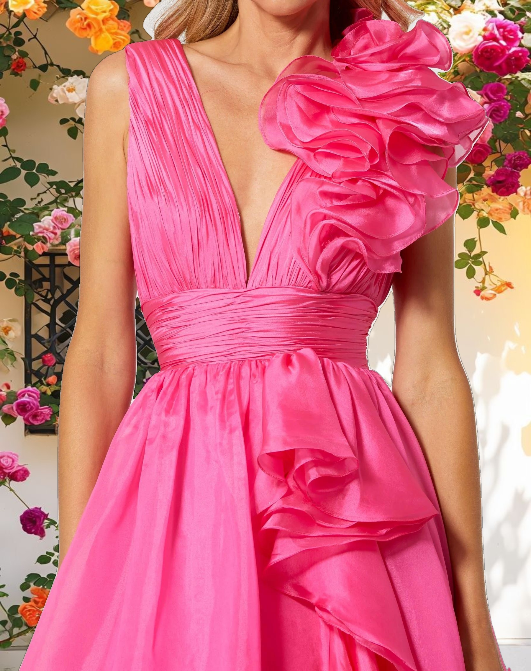 Pink Ruffle Shoulder V-Neck Chiffon Gown