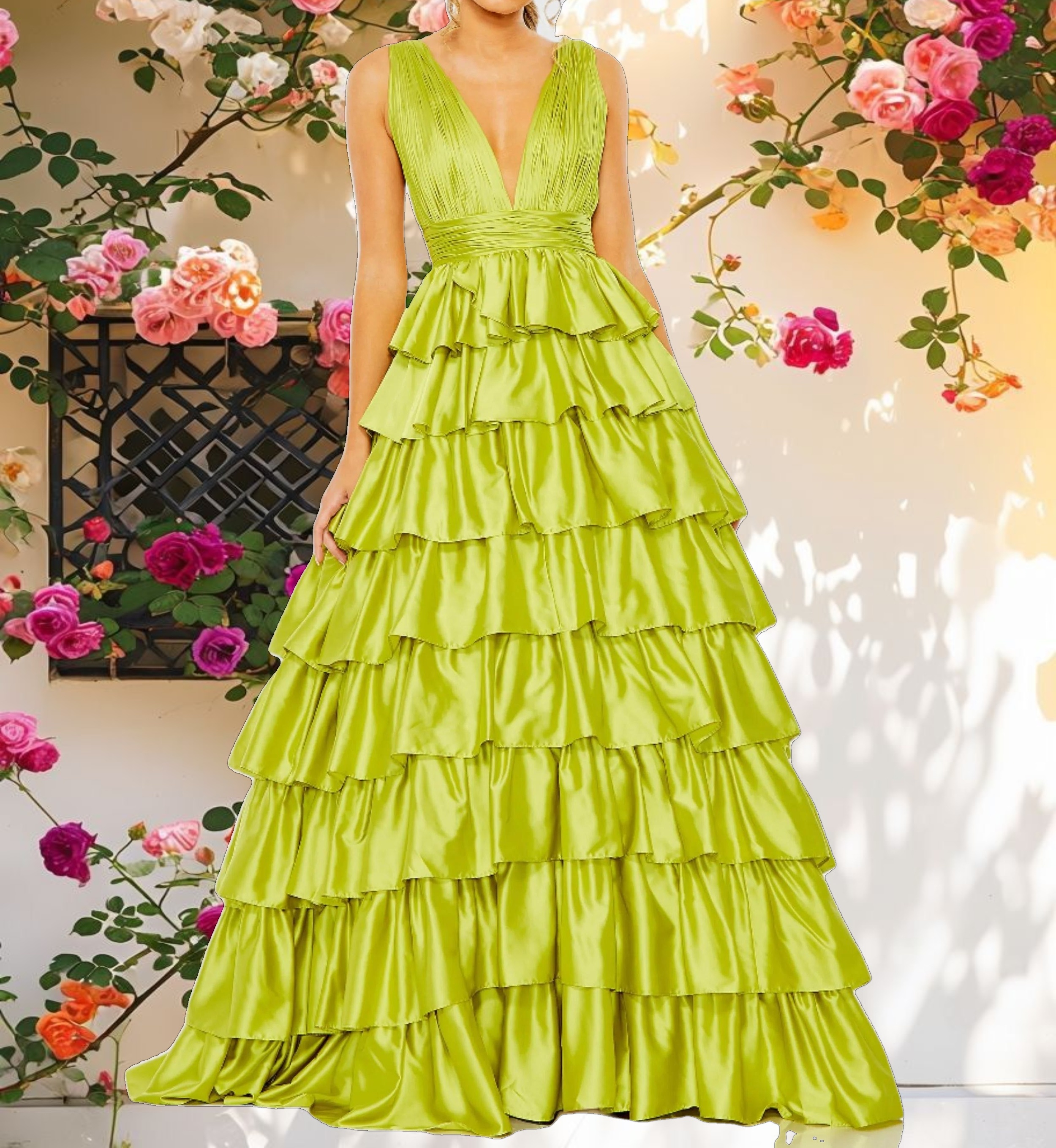 Green Ruffle Tiered Pleated Sleeveless V Neck Gown
