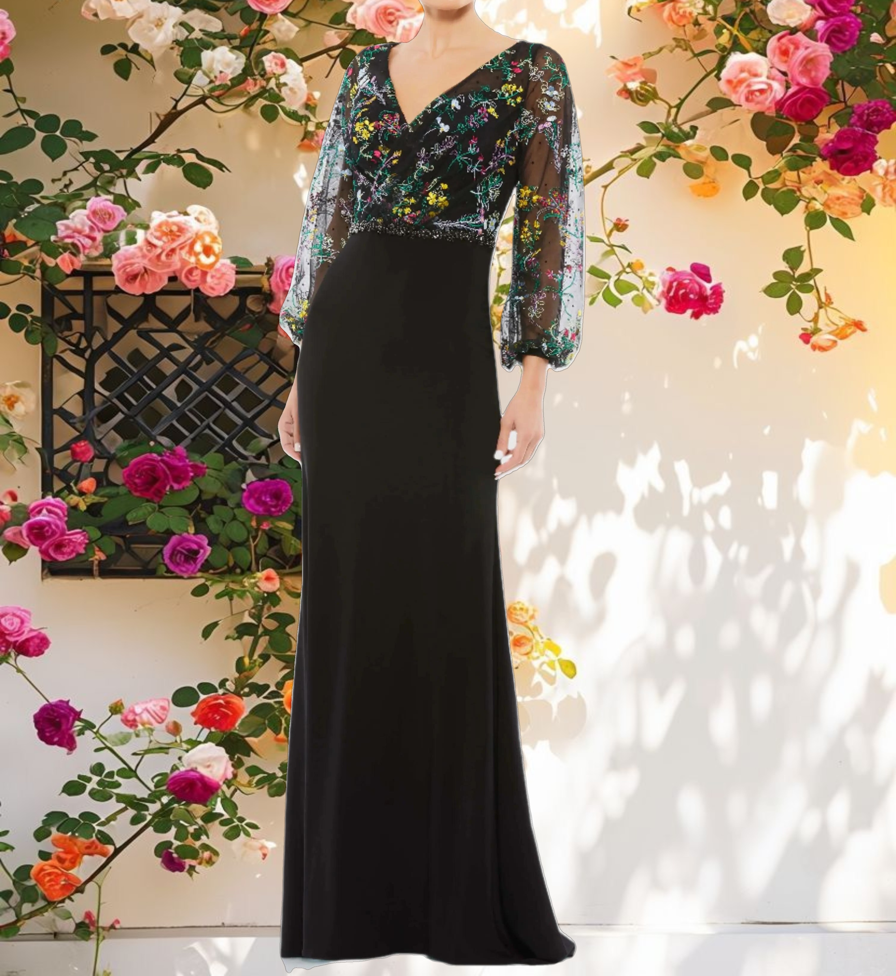 Embroidered Illusion Puff Sleeve Gown