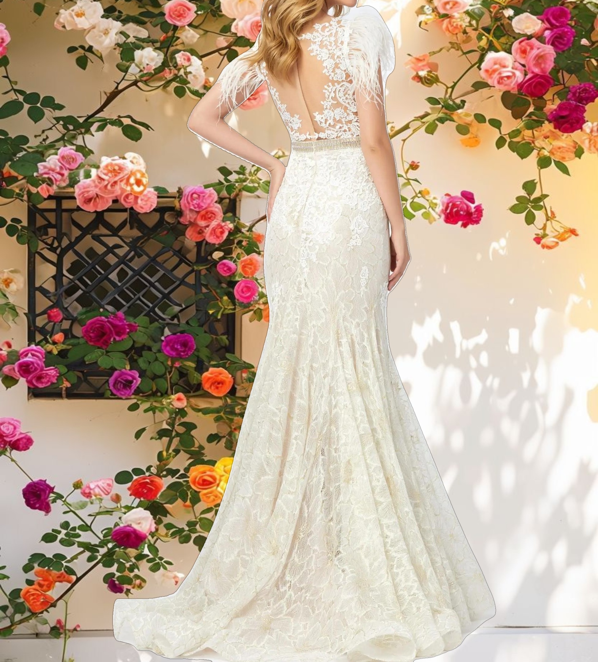 White Embellished Feather Cap Sleeve Illusion Neck Trumpet Gown