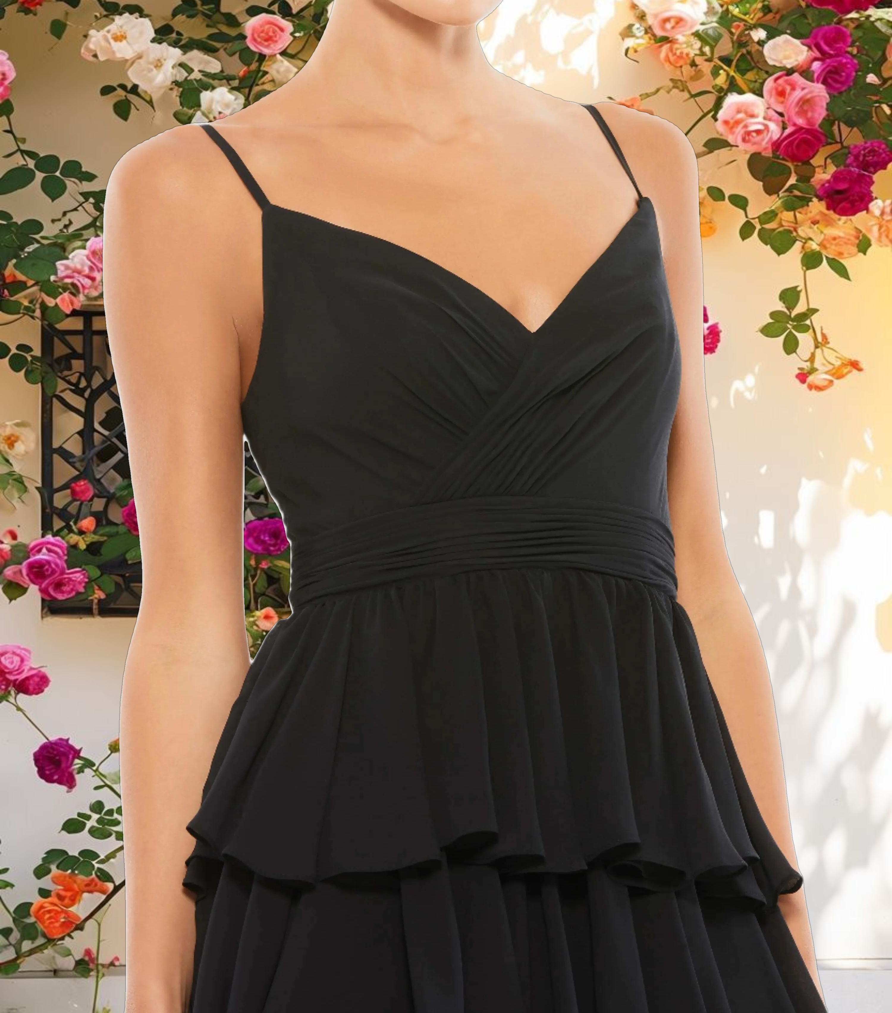 Black V Neck Sleeveless Gown with Ruffled Skirt
