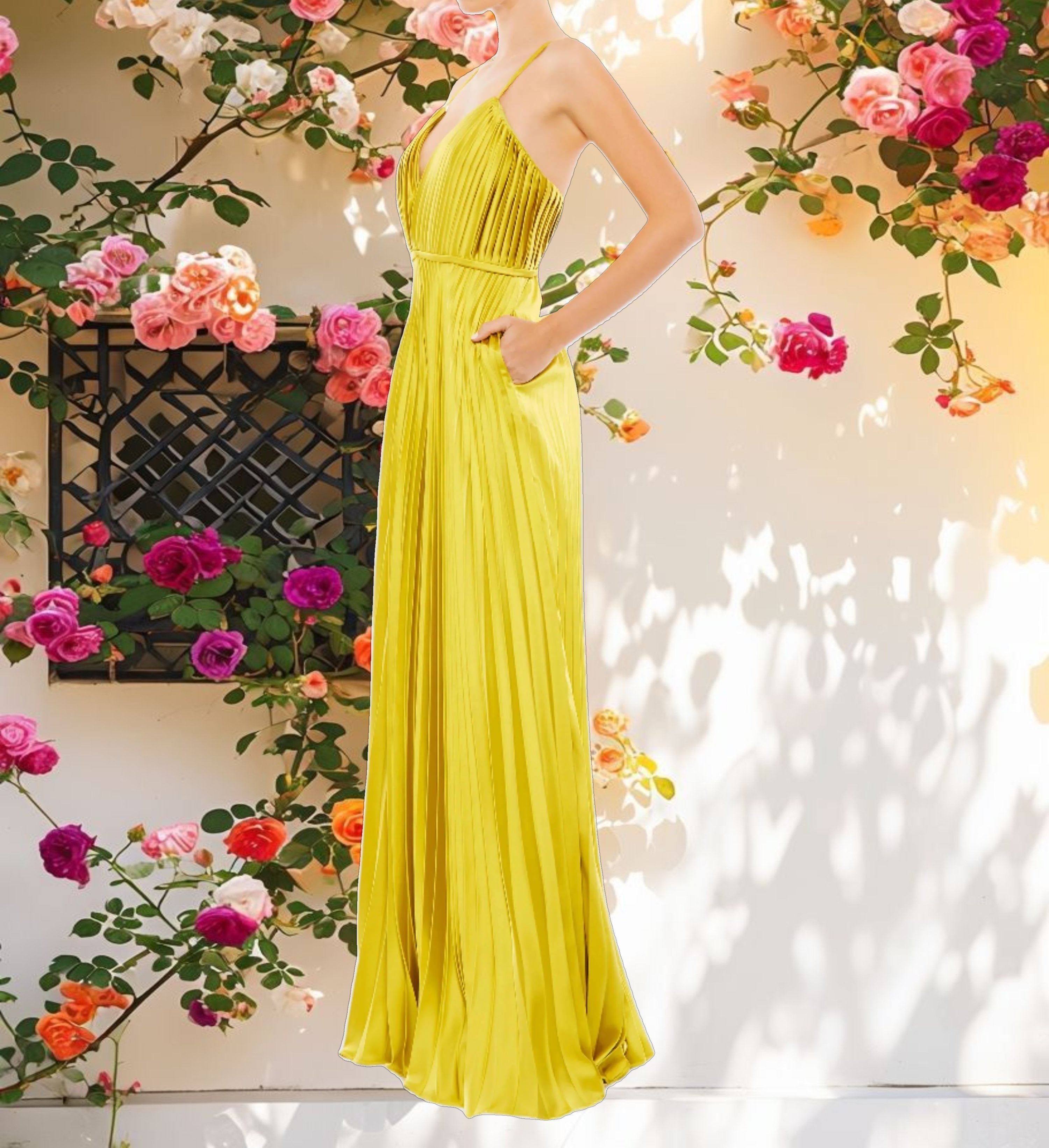 Green Pleated Plunge Neck Wide Leg Jumpsuit