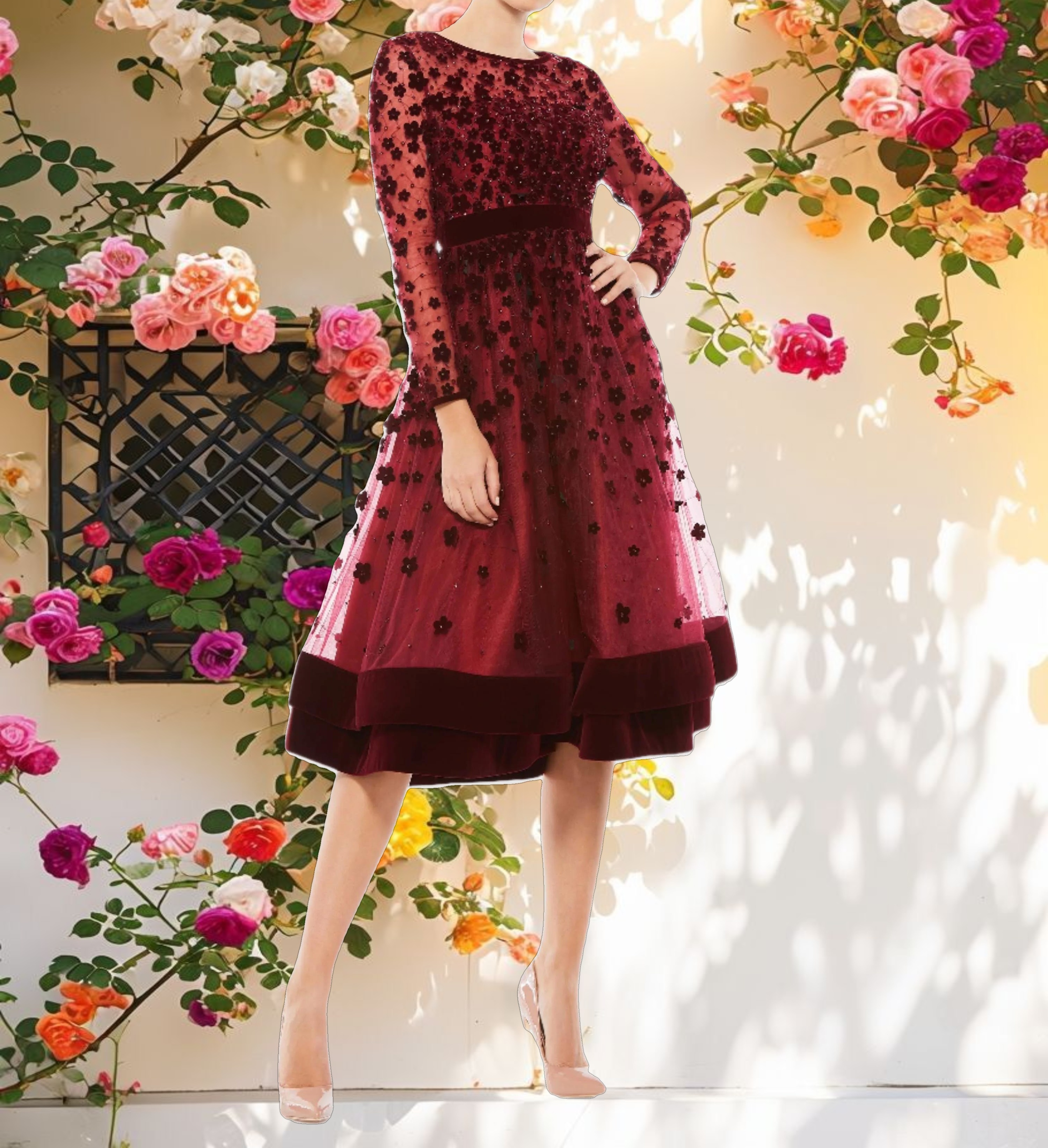 Embellished Illusion High Neck Long Sleeve Fit & Flare Dress