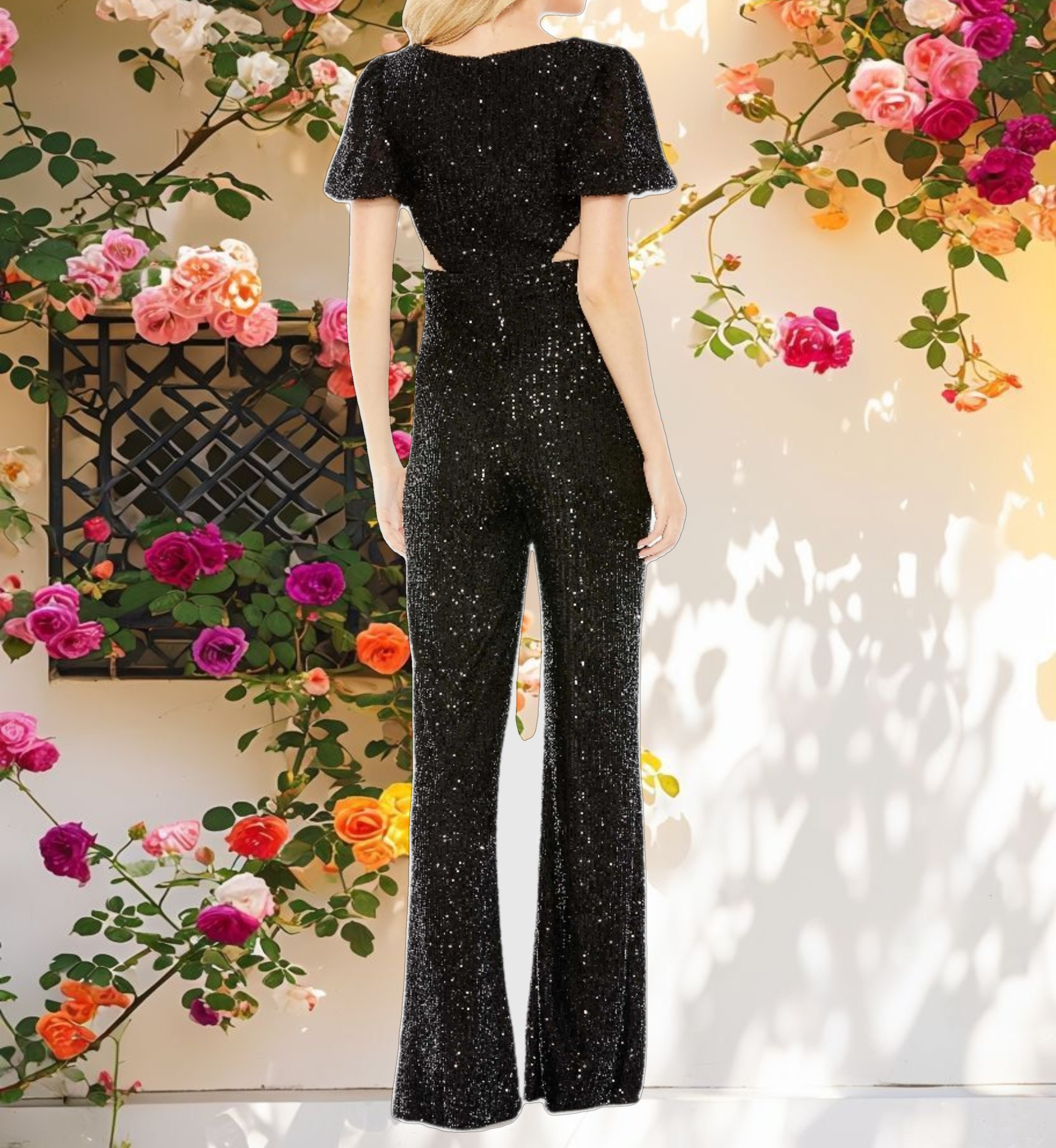 Black Sequined Puff Shoulder Illusion Cut Out Jumpsuit