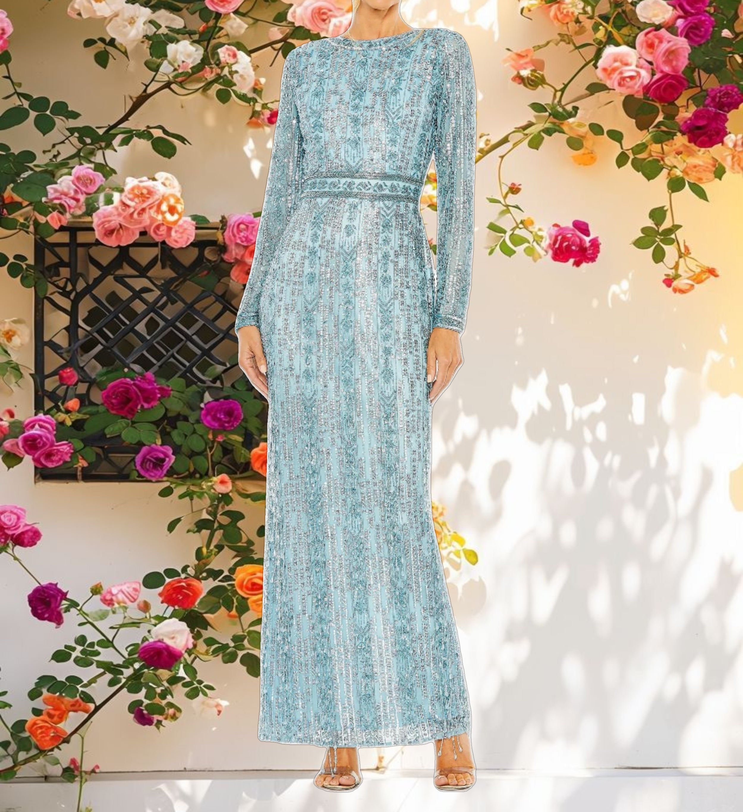 Blue High Neck Long Sleeve Crystal Fringe Column Gown