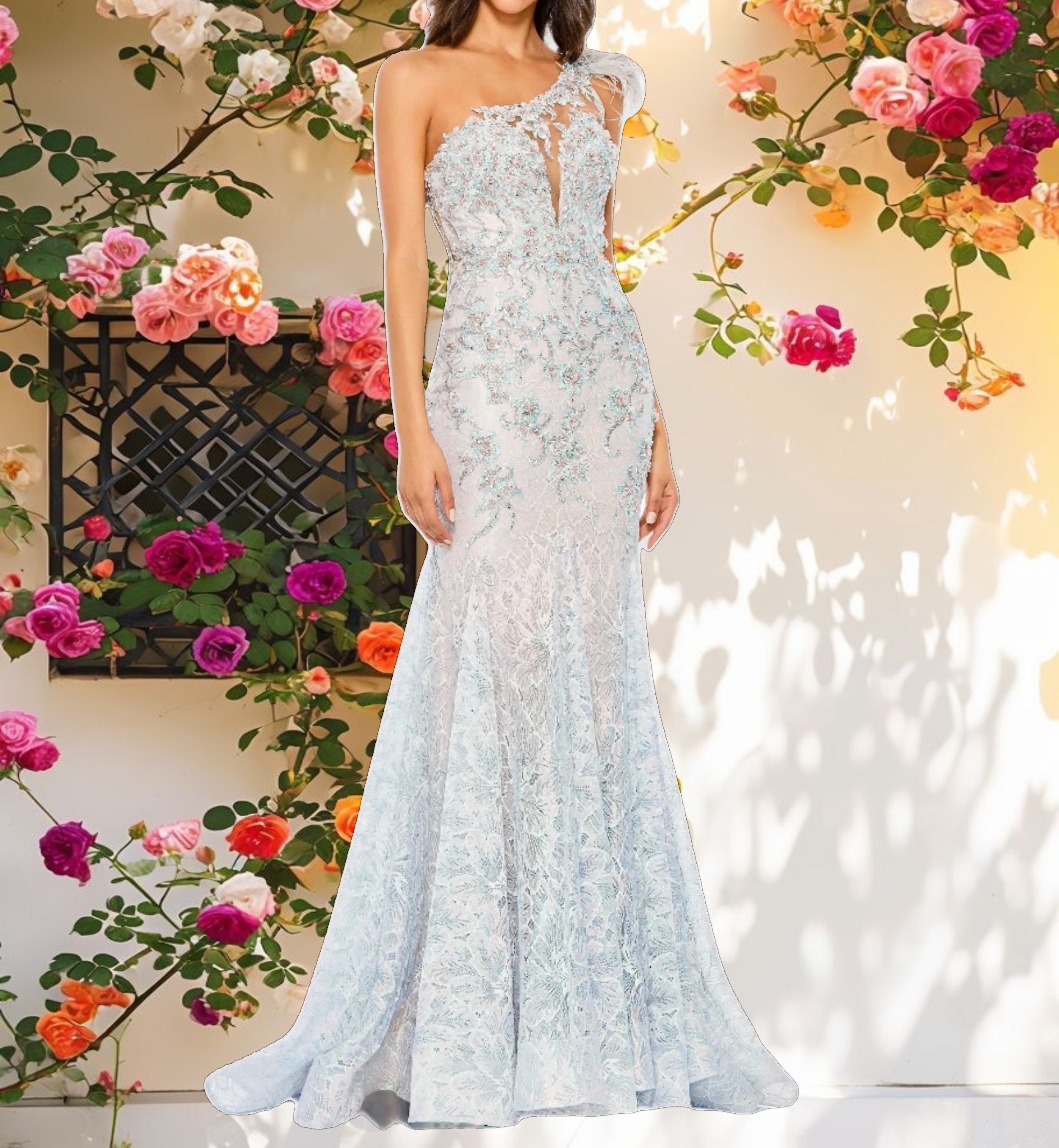 Stitched Detail One Shoulder Gown