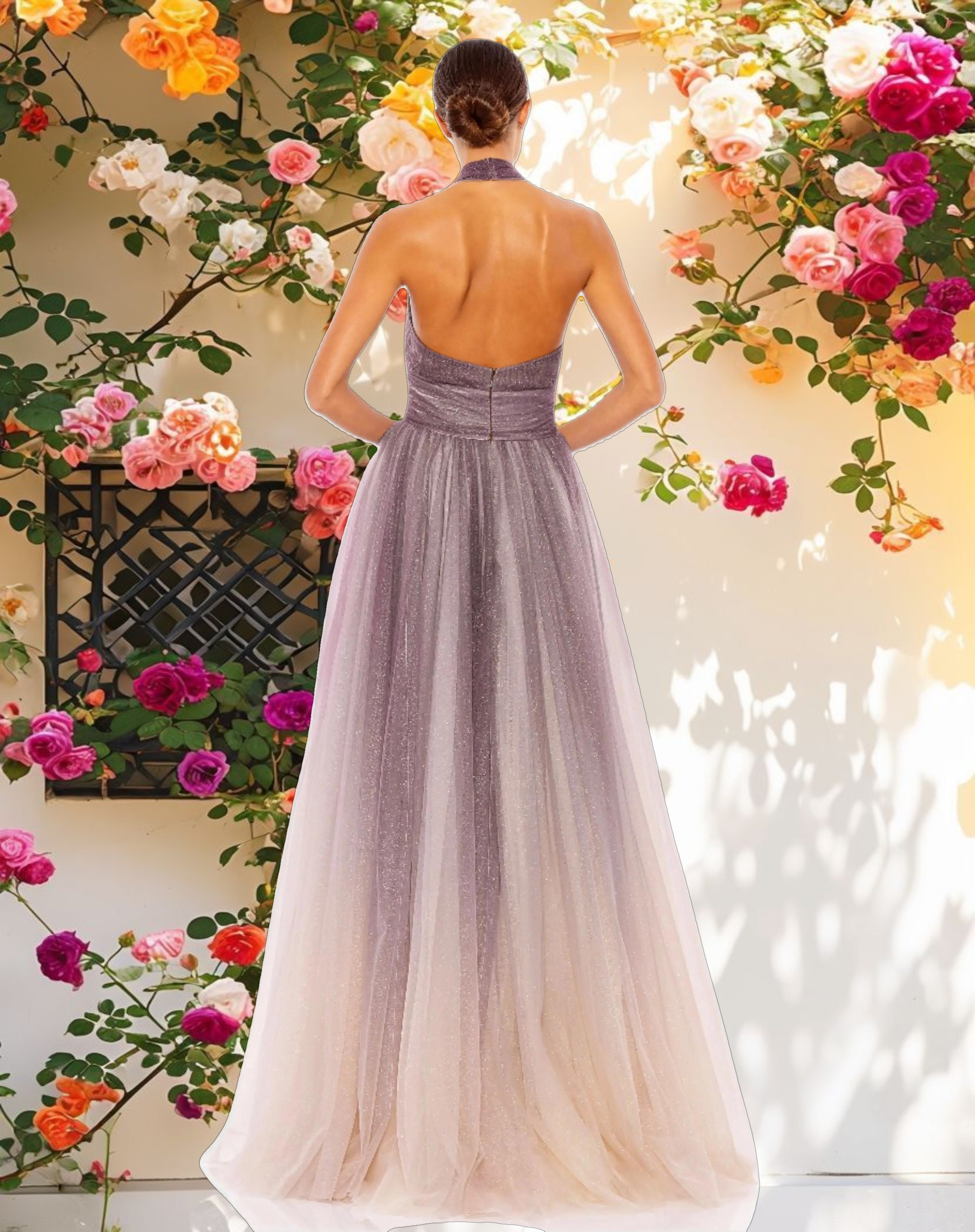 Multicolor Glitter Ombre Halter Neck Ballgown