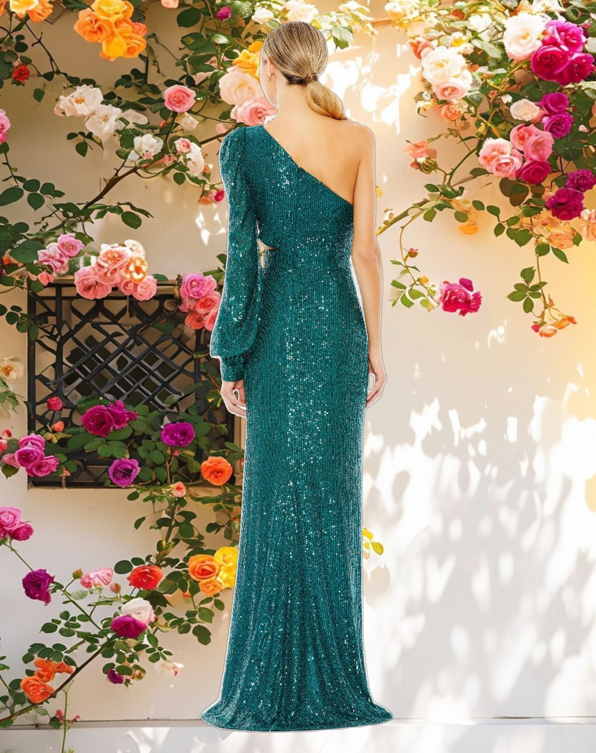 Green Sequined One Shoulder Cut Out Gown