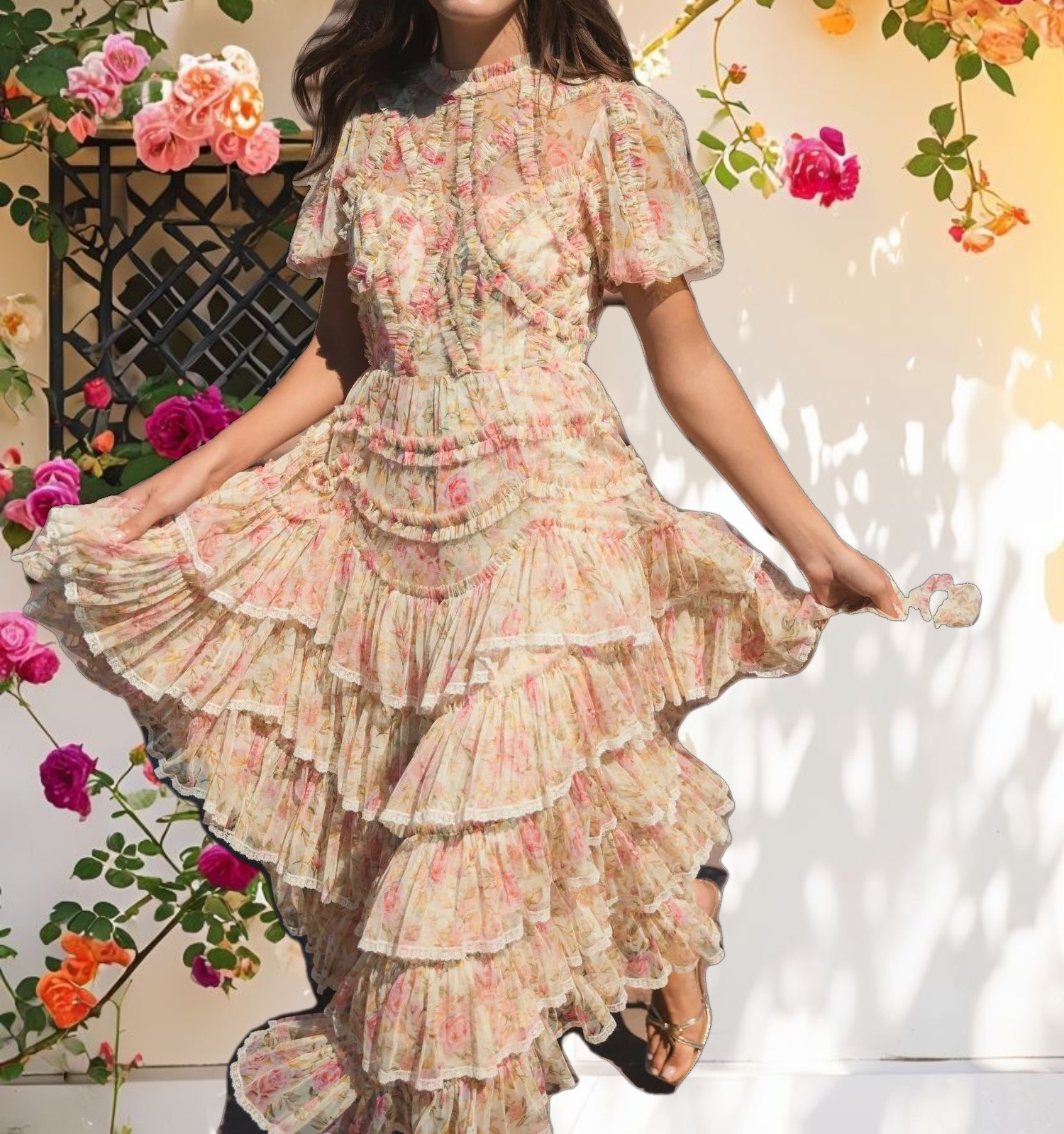 Beige Lace Trim Printed Mesh High Neck Midi Dress