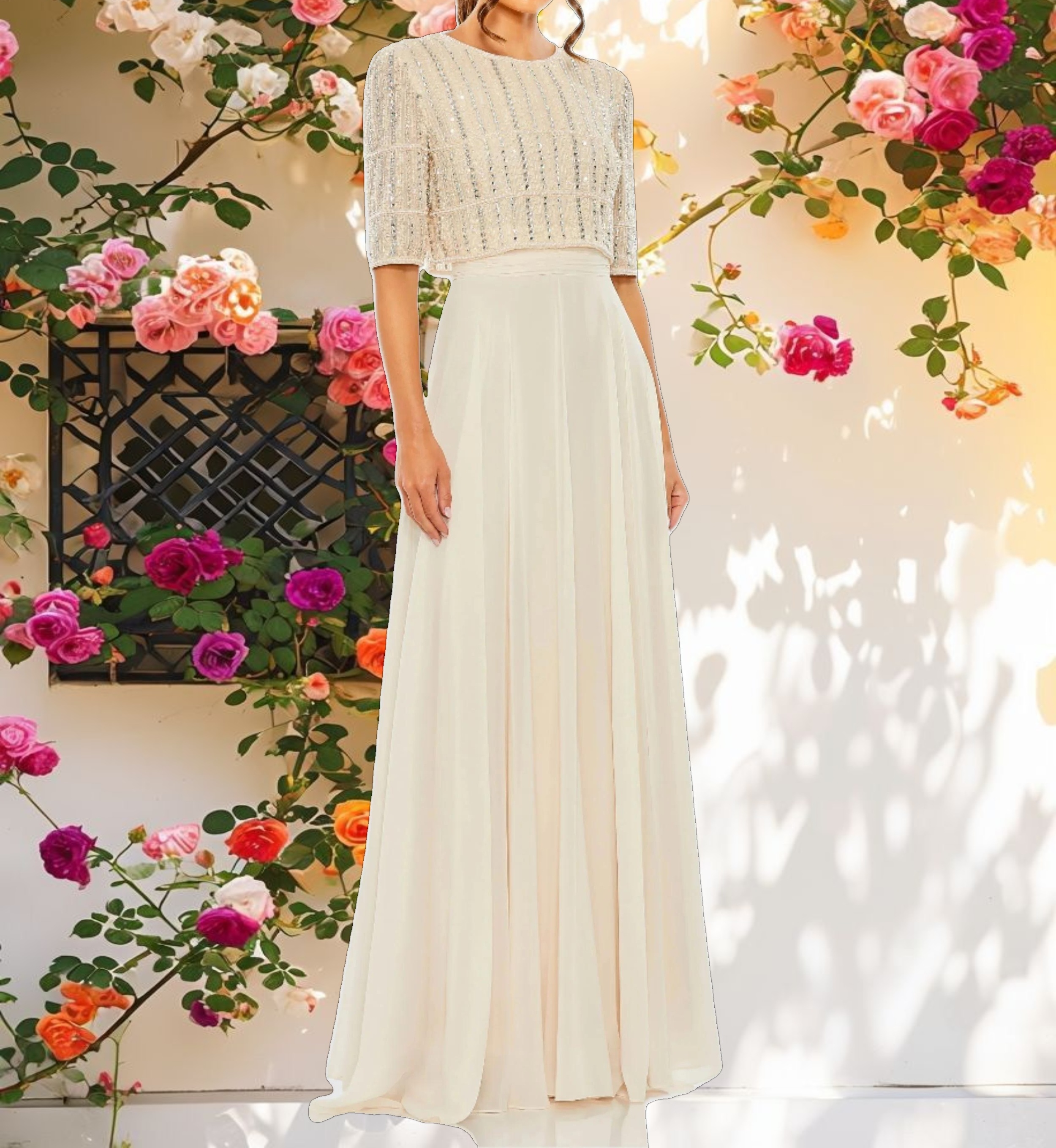Beige Chiffon Gown w/ Fully Beaded 3/4 Sleeve Top