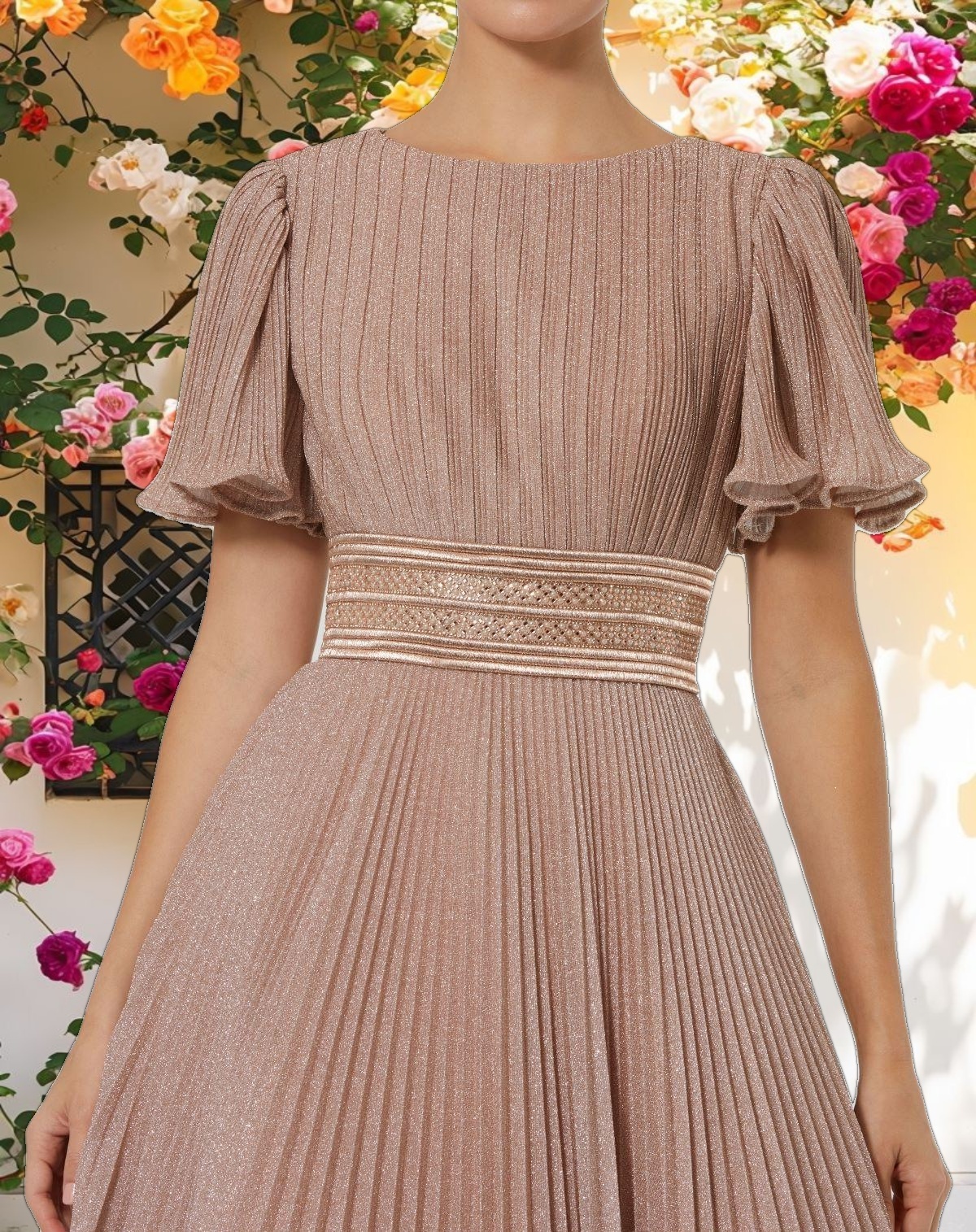 Pink Pleated Shimmering Flutter Sleeve Gown
