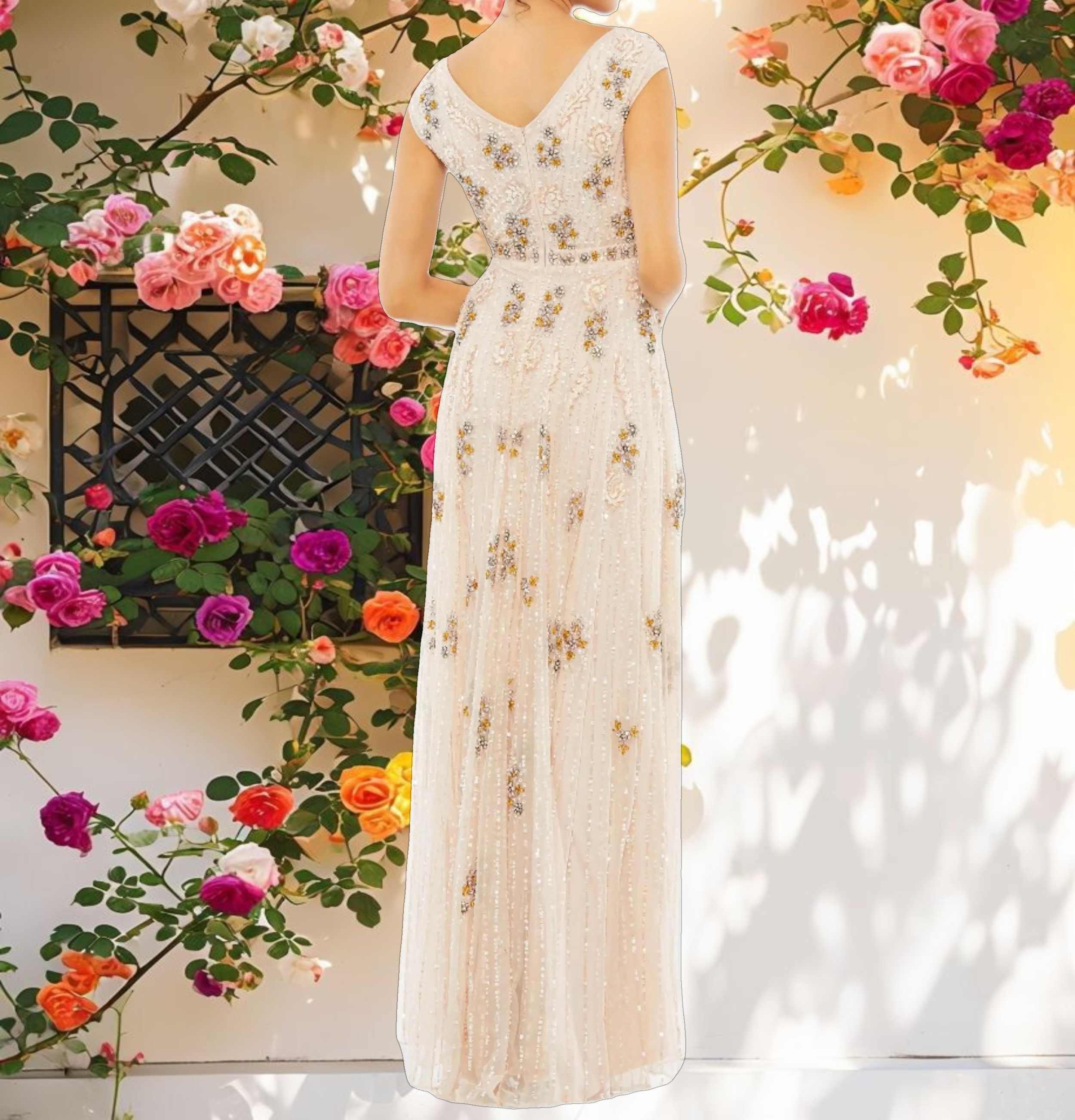 Embellished Wrap Over Cap Sleeve A Line Gown