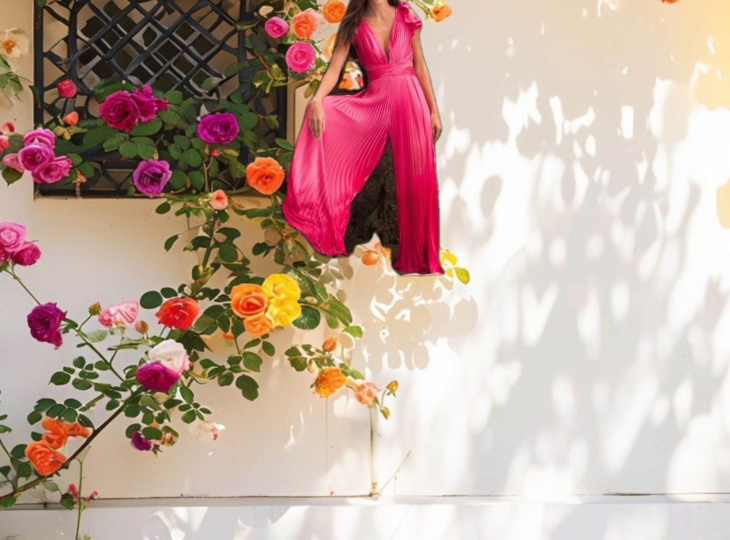 Pink Ruffle Cap Sleeve Cutout Heat Pleated Jumpsuit