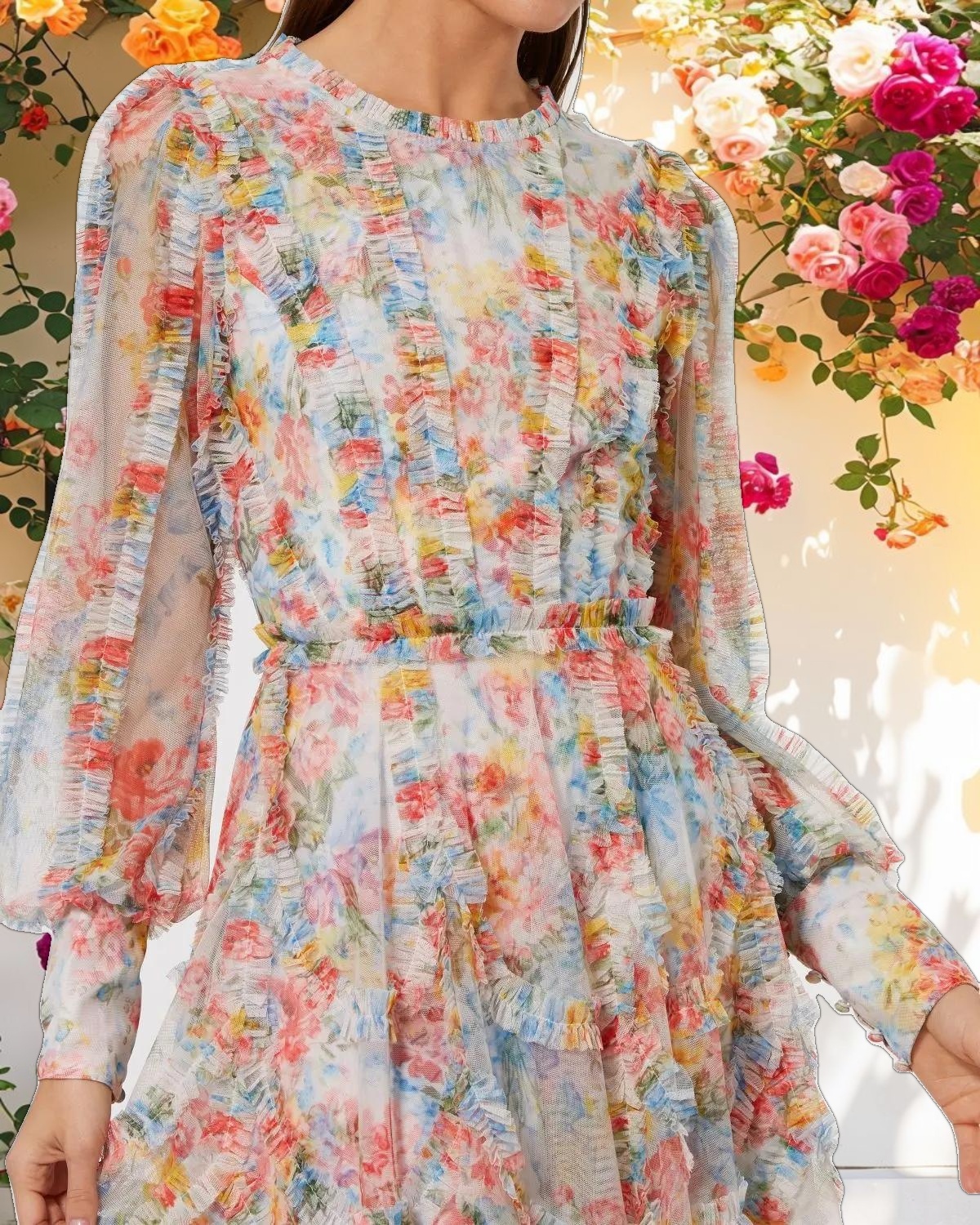 Colorful Patterned Net Frill Mini Dress