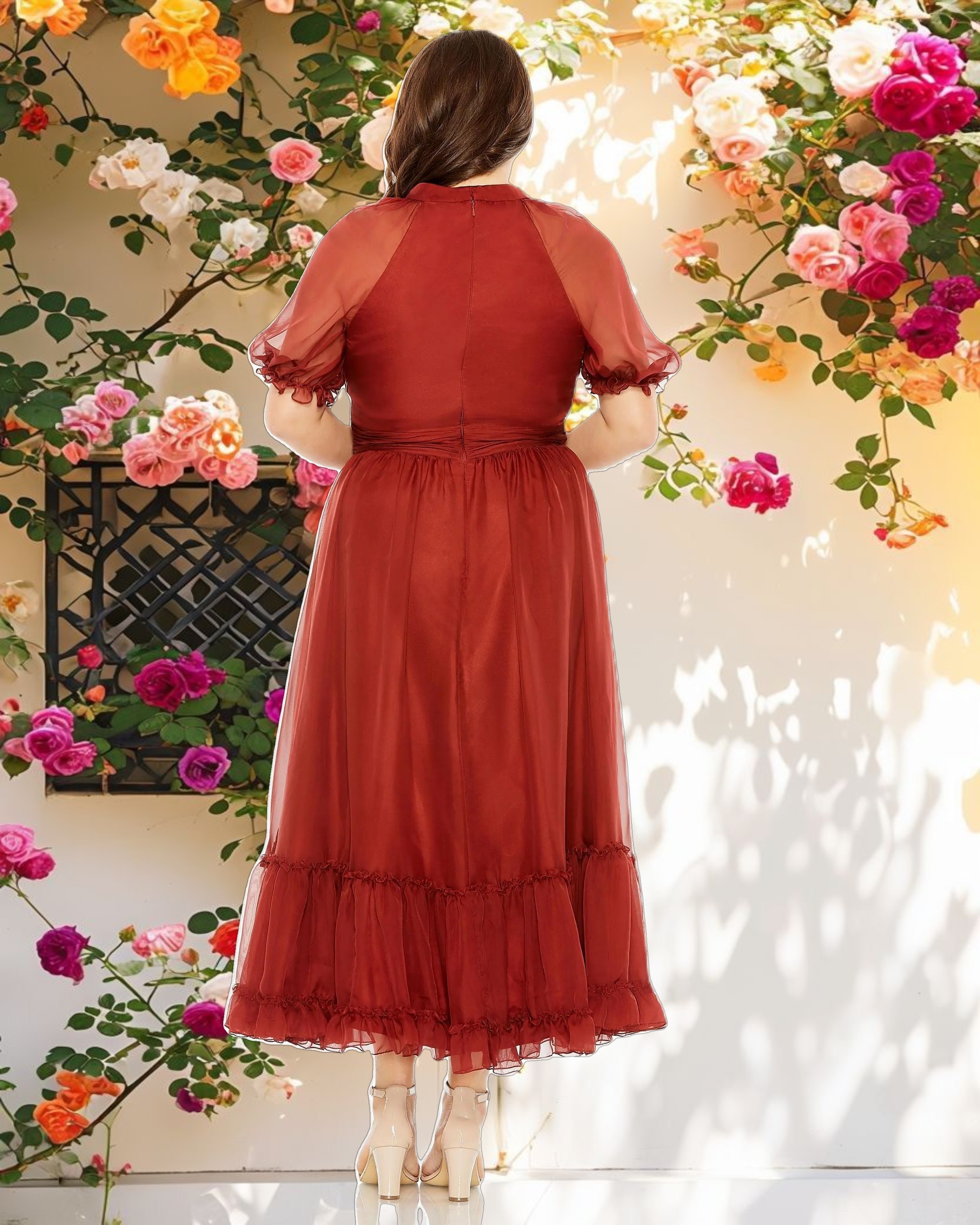 Red Sheer Puff Sleeve Dress
