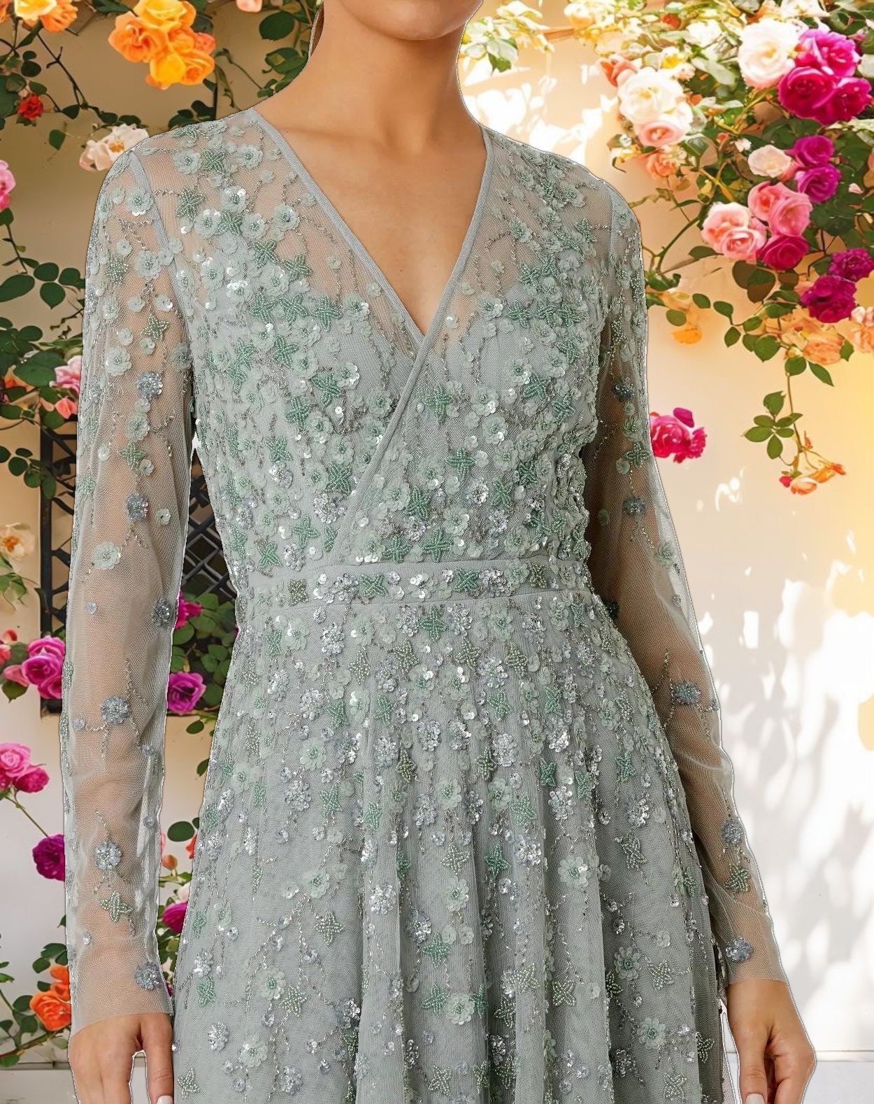 Green Embellished Wrap Over Illusion Long Sleeve A Line Gown