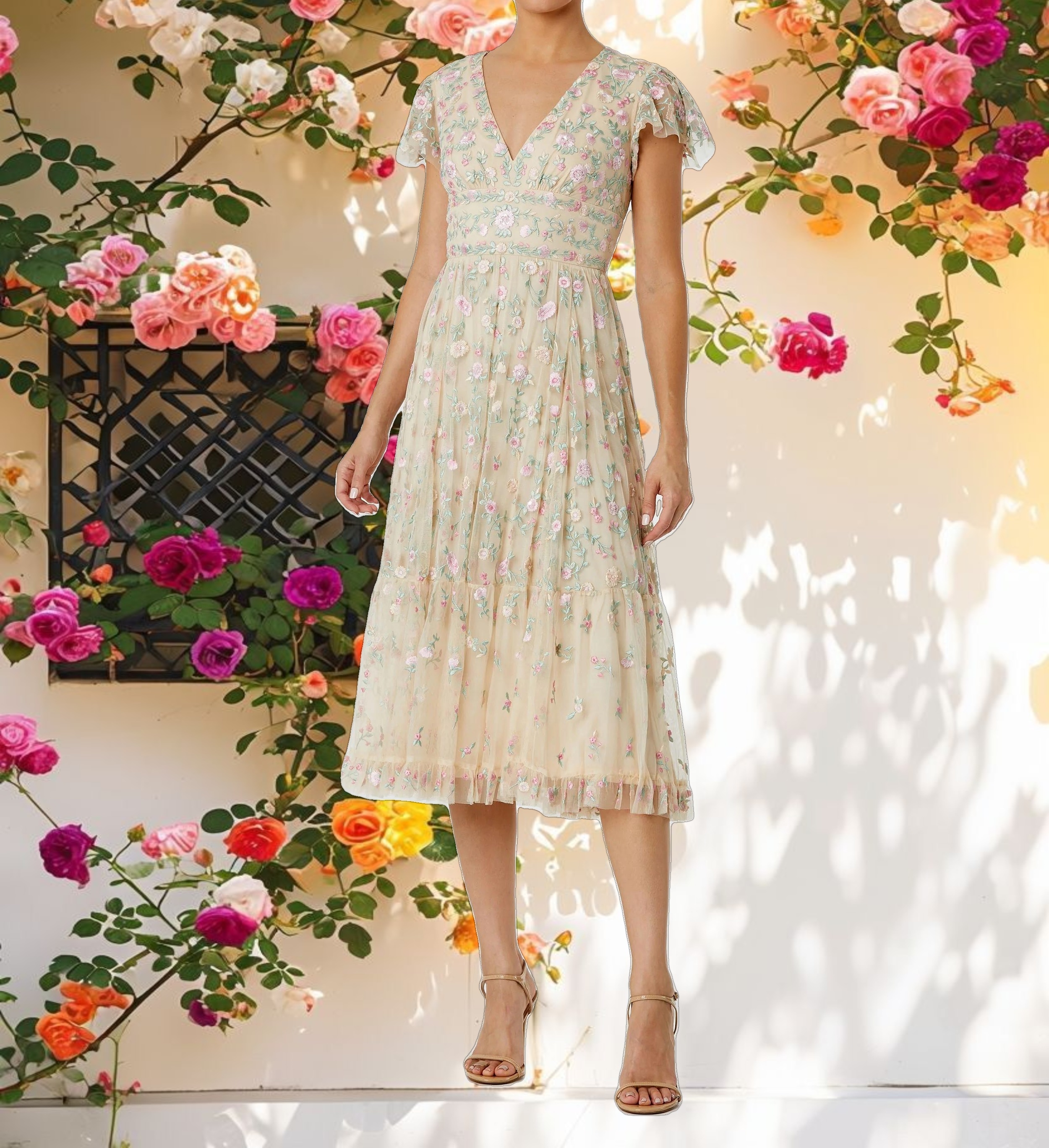 Embroidered V Neck Cap Sleeve Midi Dress