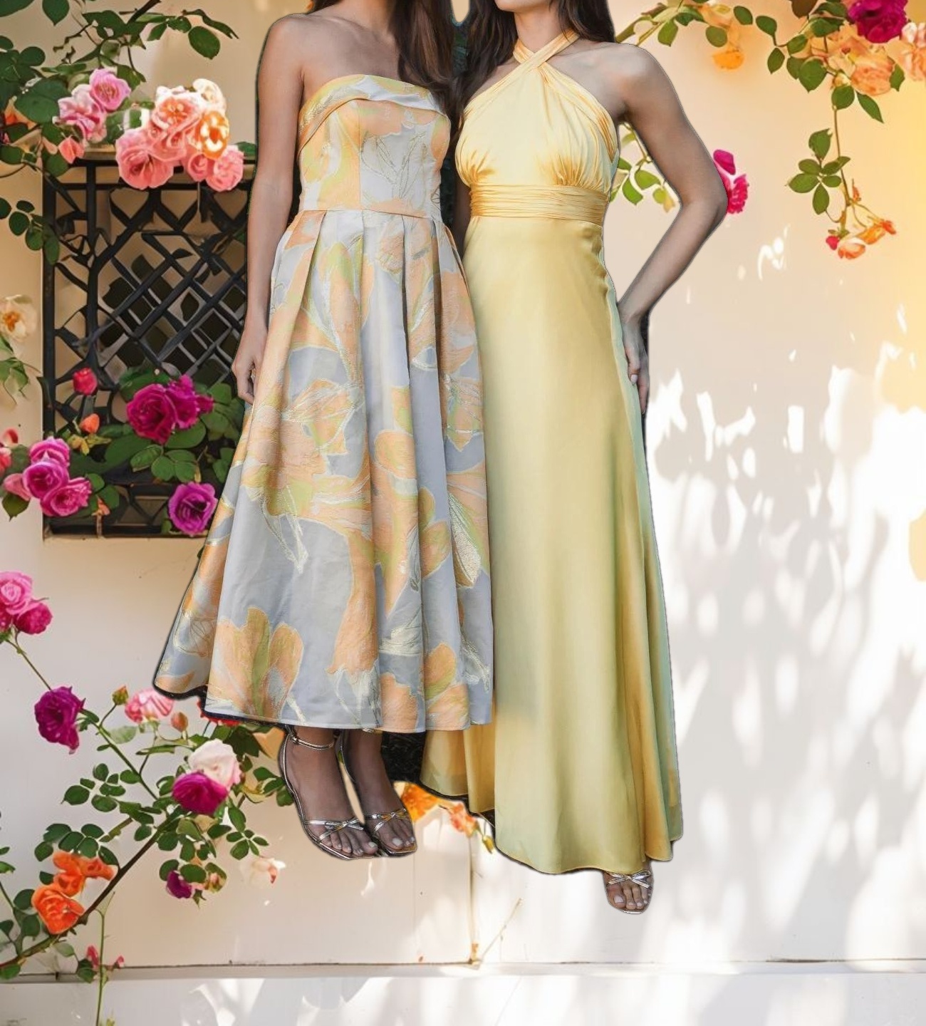 Yellow Ruched Halter Neck Tie Back Satin Gown