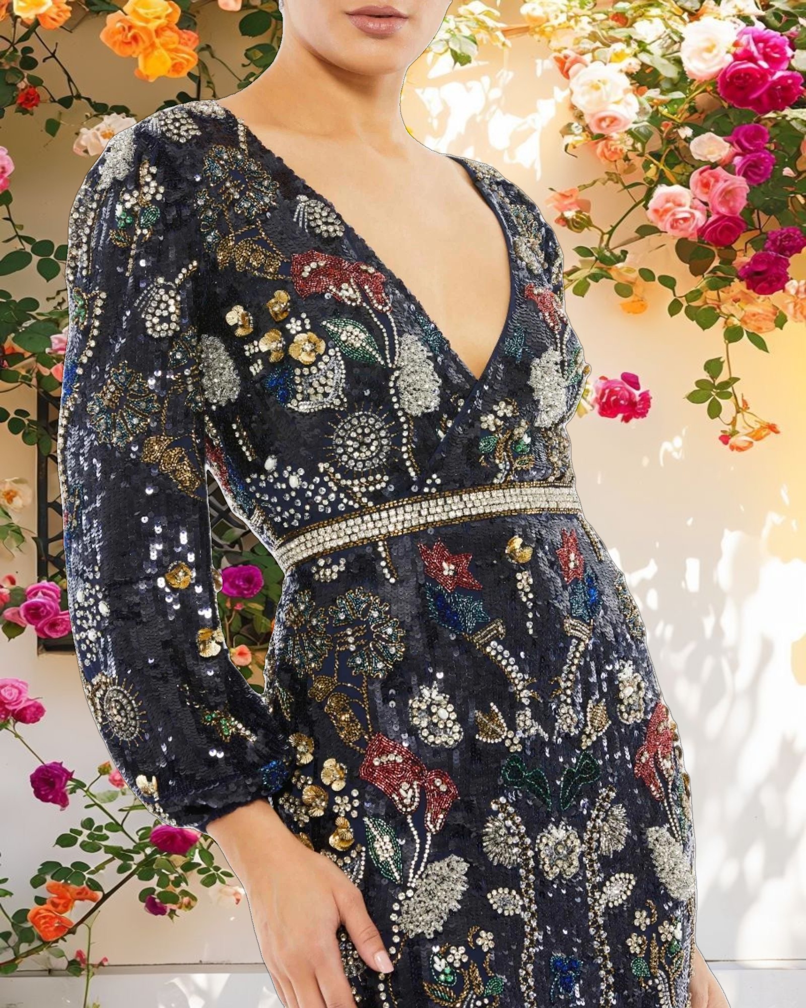 Studded Decorative Long Sleeve Evening Dress