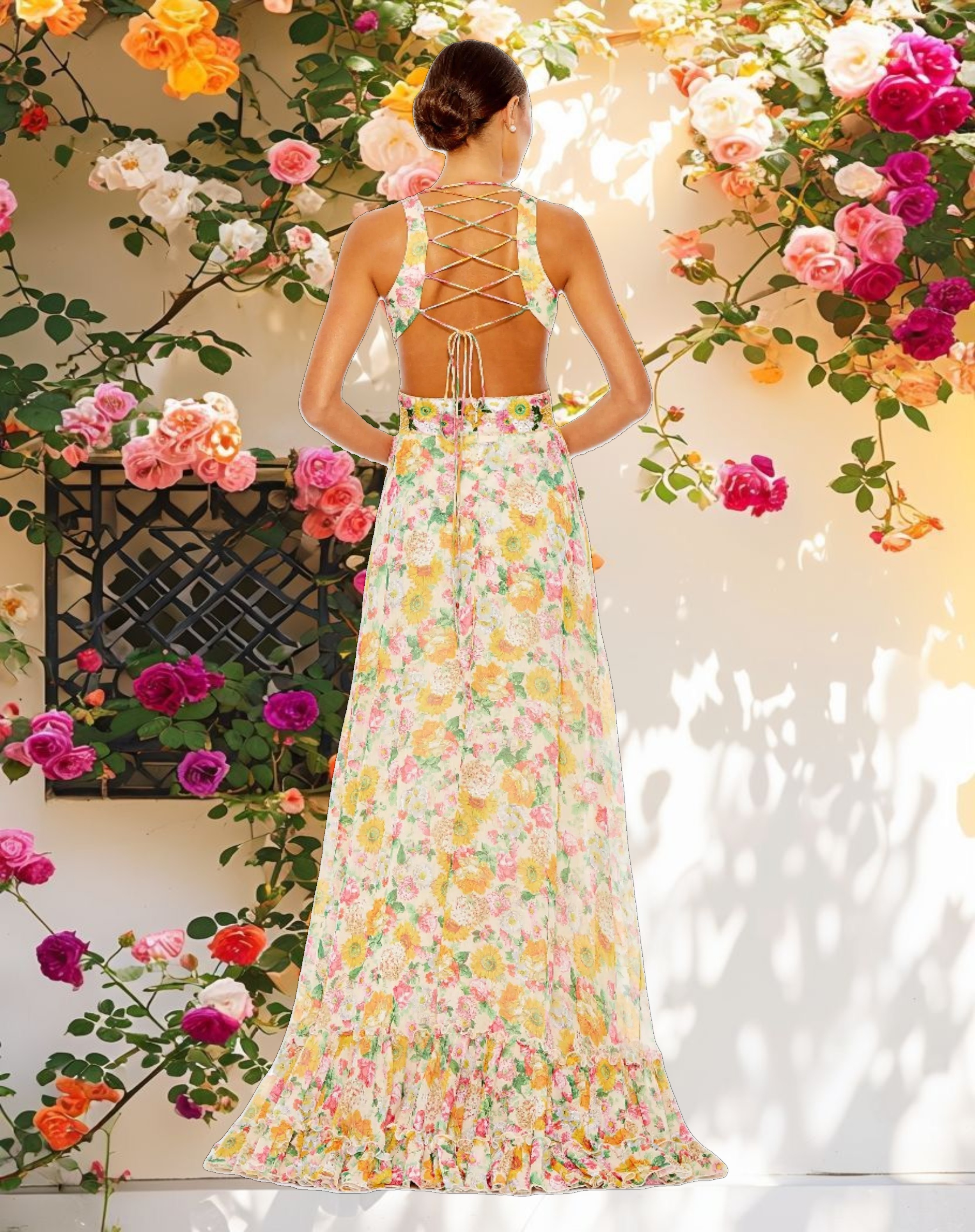 Floral Print Cut Out Lace Up Tiered Gown