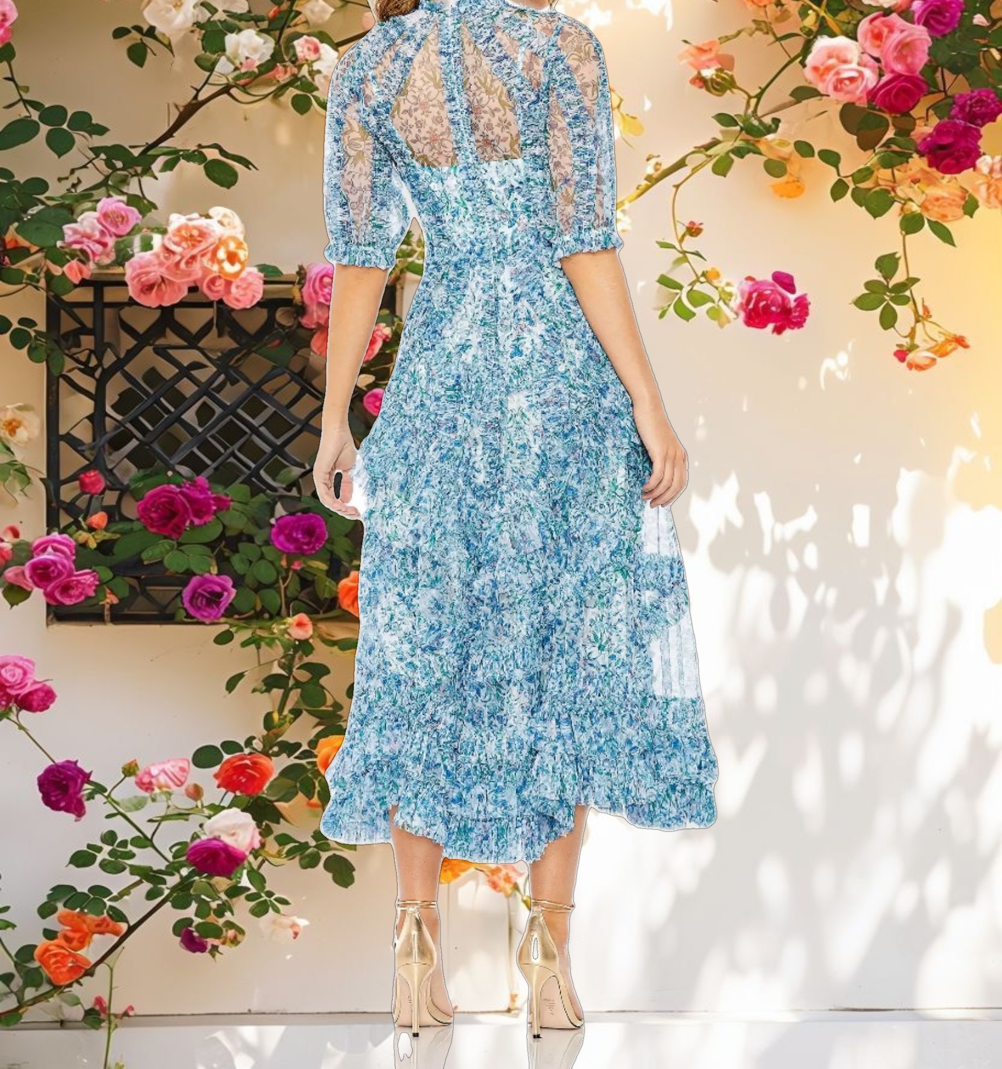 Blue Mesh Puff Sleeve Floral Print Dress