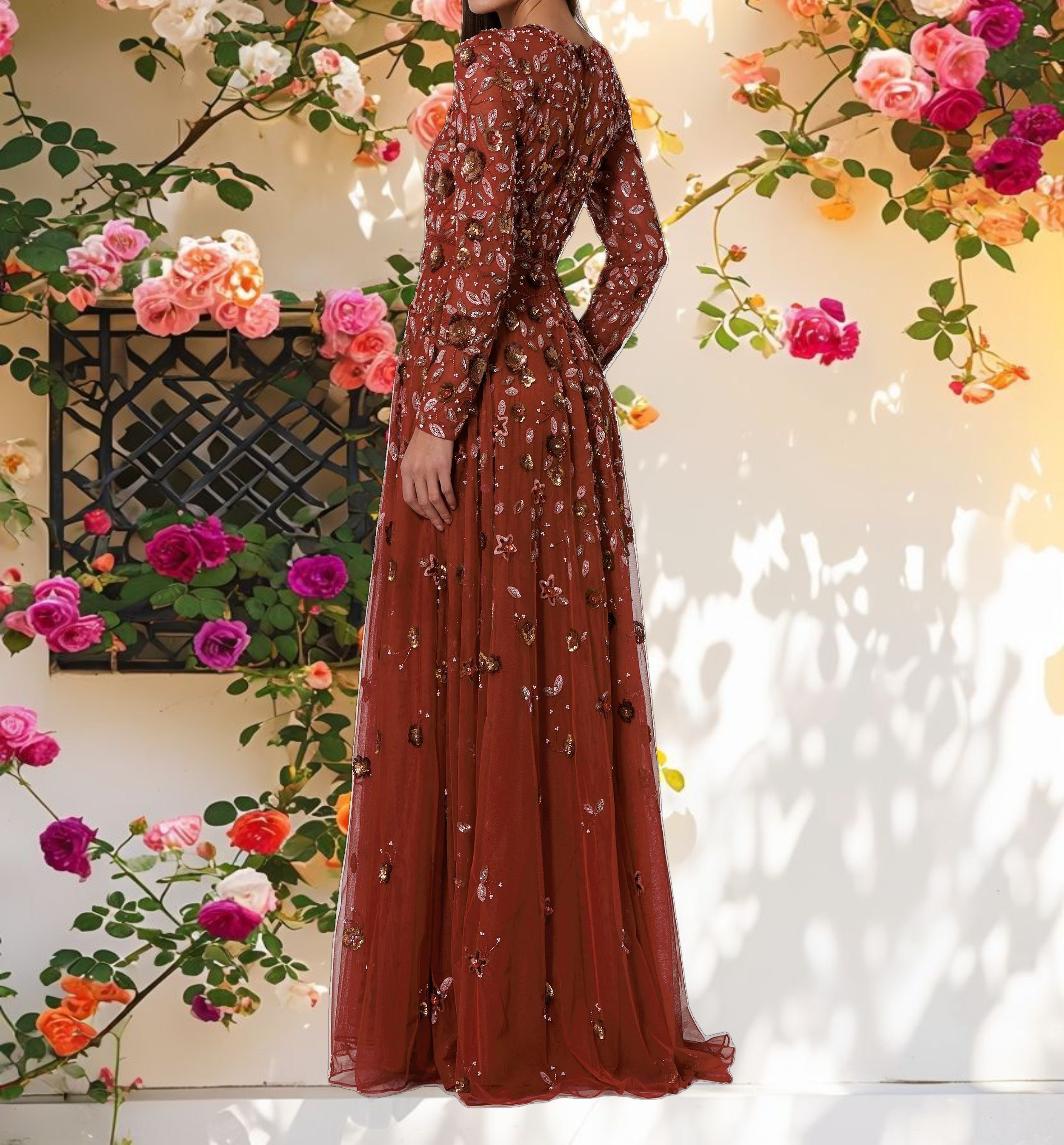 Studded High Neck Long Sleeve A Line Dress