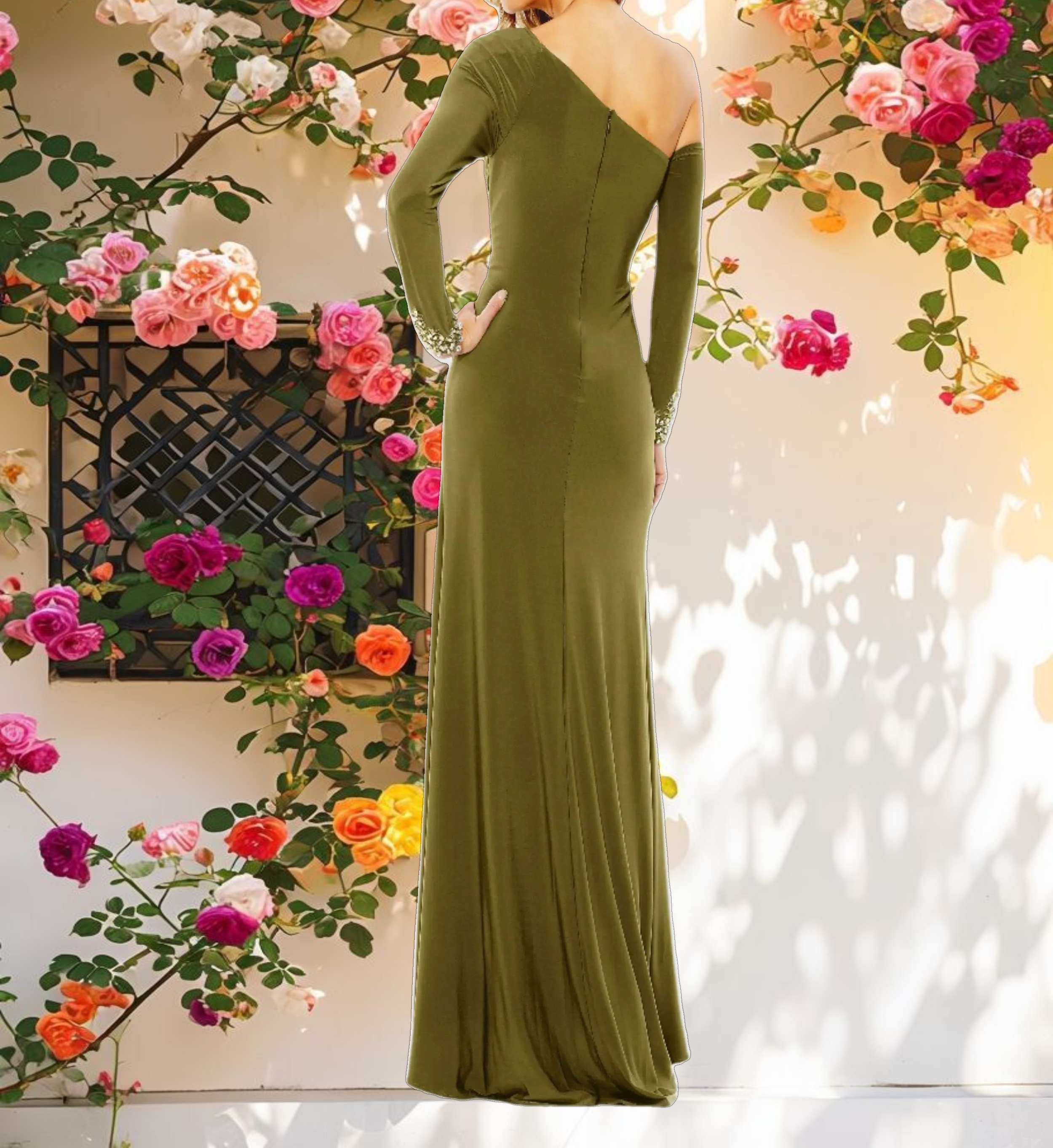 Green Side Twist Drop Shoulder Beaded Cuff Gown