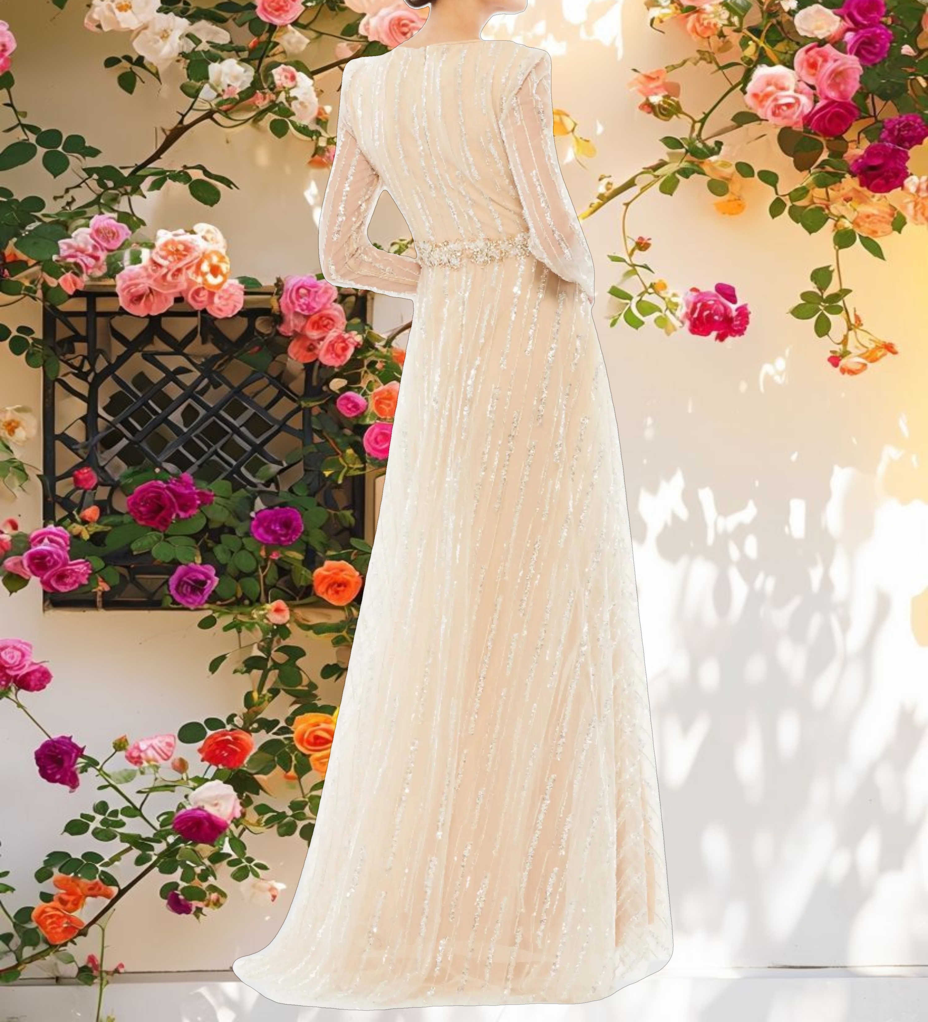 Beige Long Sleeve Gown with Silver Sequin