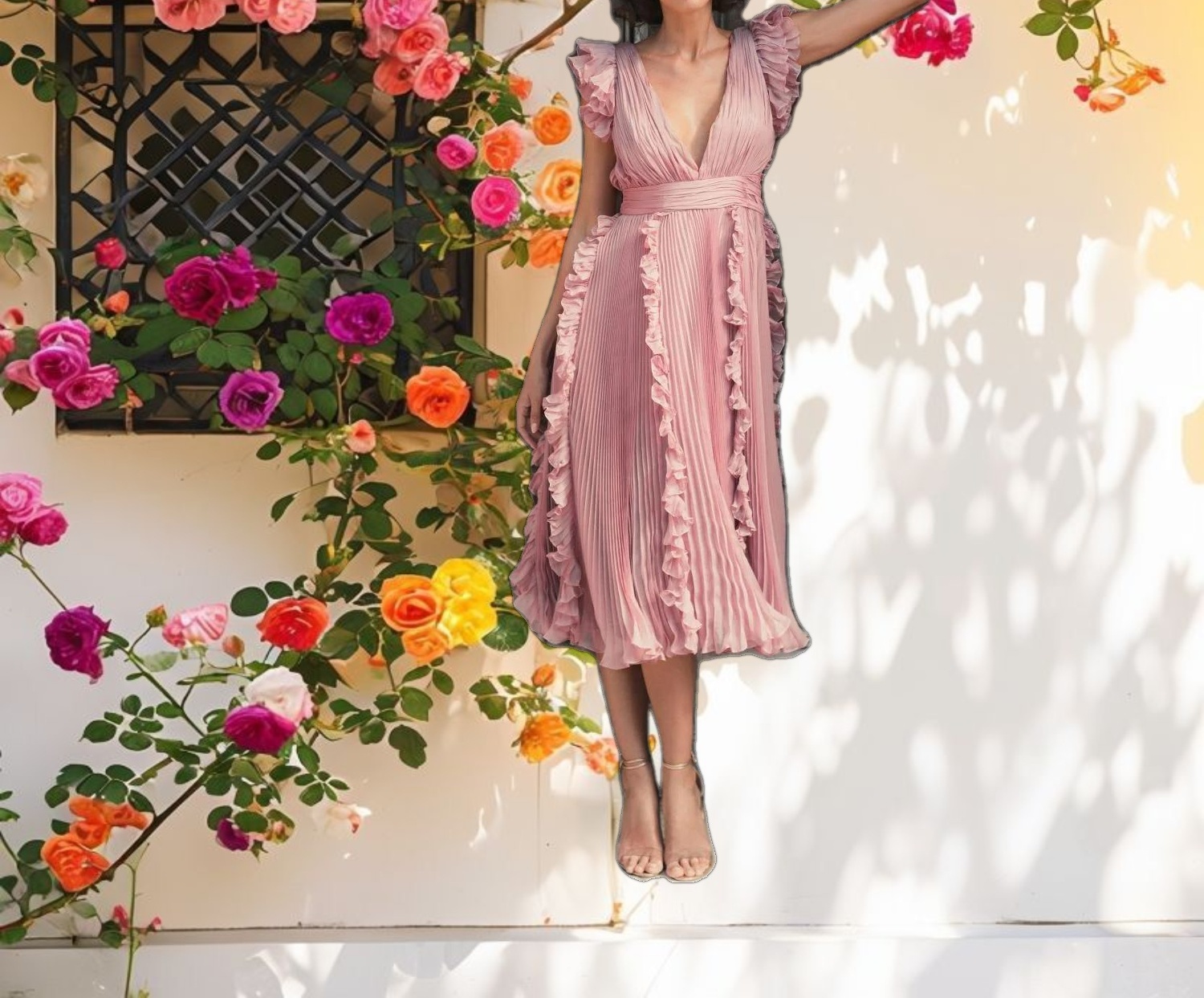 Pink Pleated Chiffon V Neck Ruffle Midi Dress