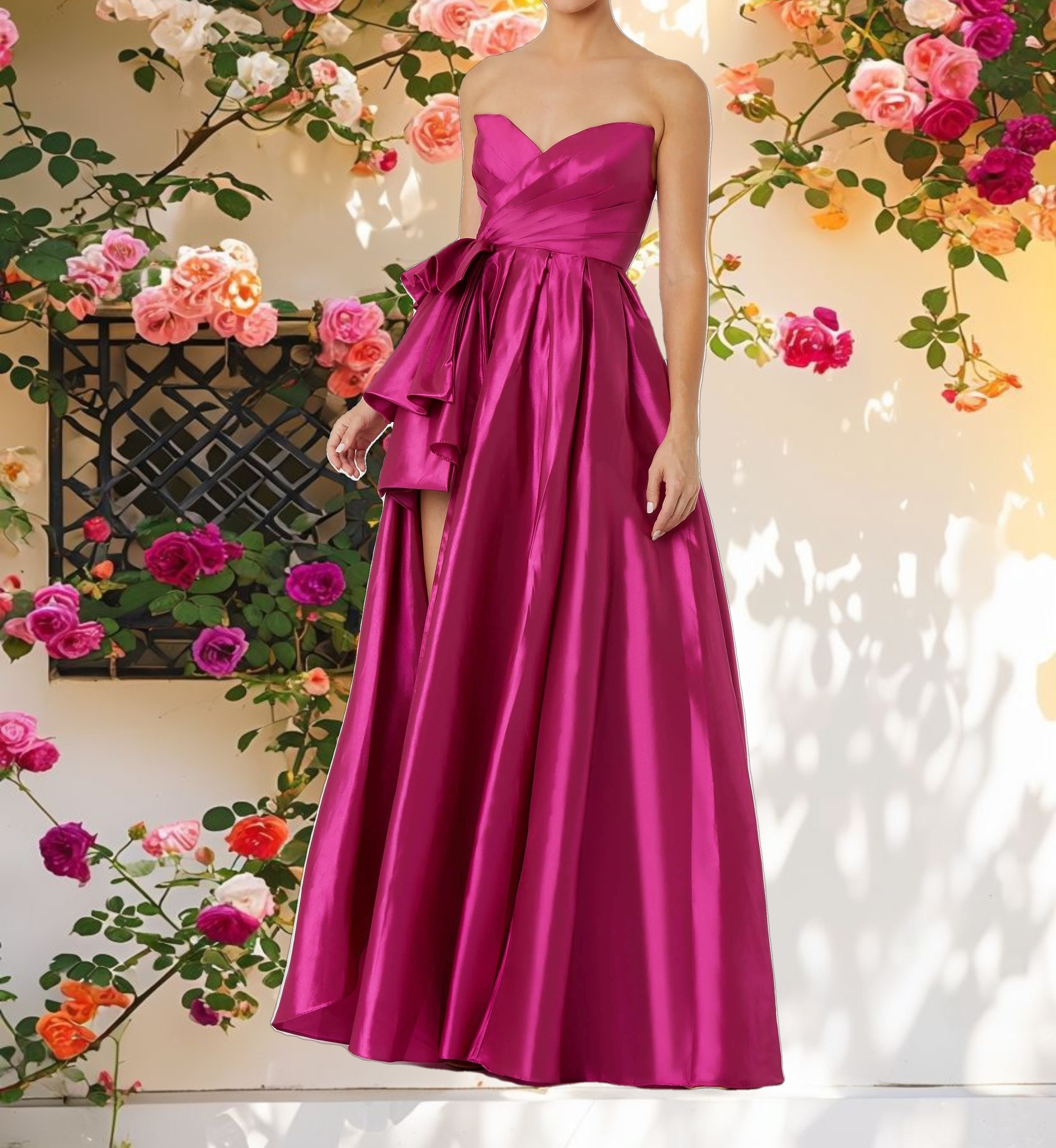 Ruffle Taffeta Dress with Slit