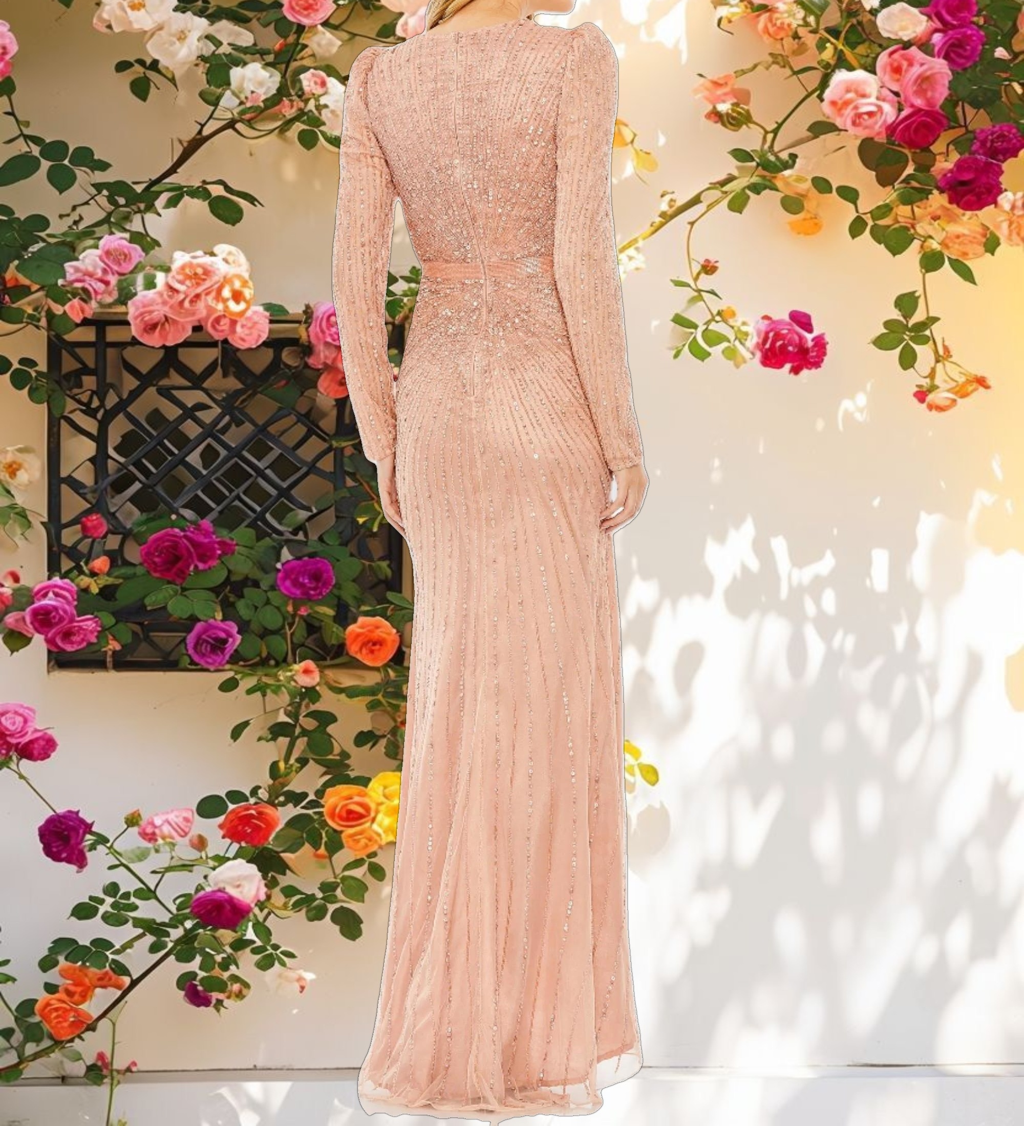 Pink Sequined Wrap Over Long Sleeve Gown