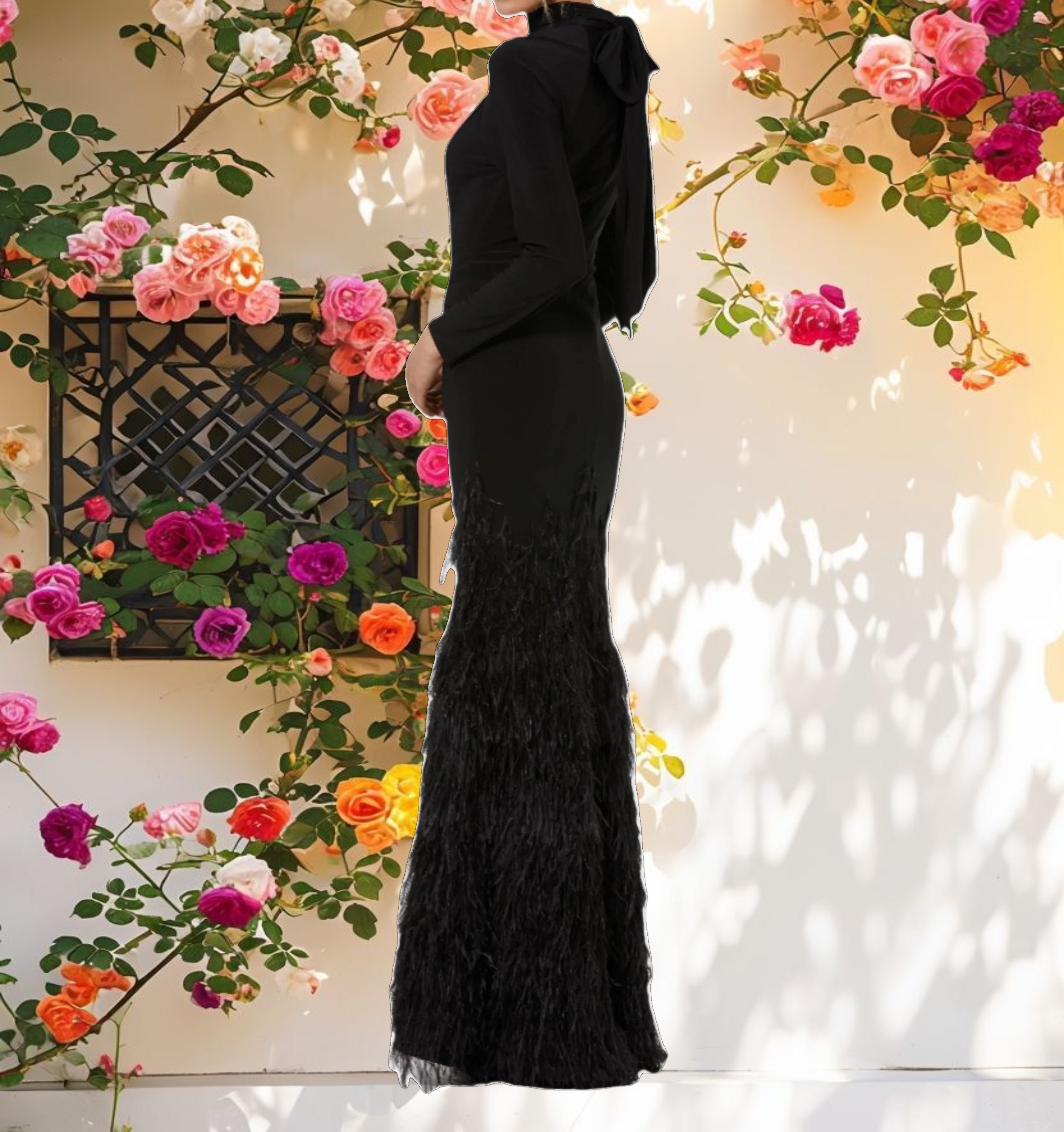 Black Jersey Long Sleeve High Neck Feather Gown