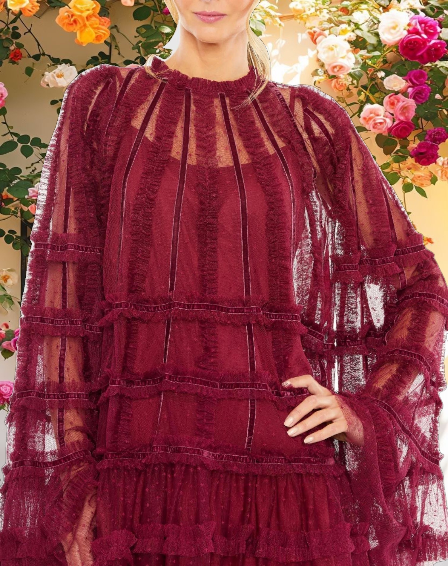 Red High Neck Ruffle Bell Sleeve Trapeze Dress