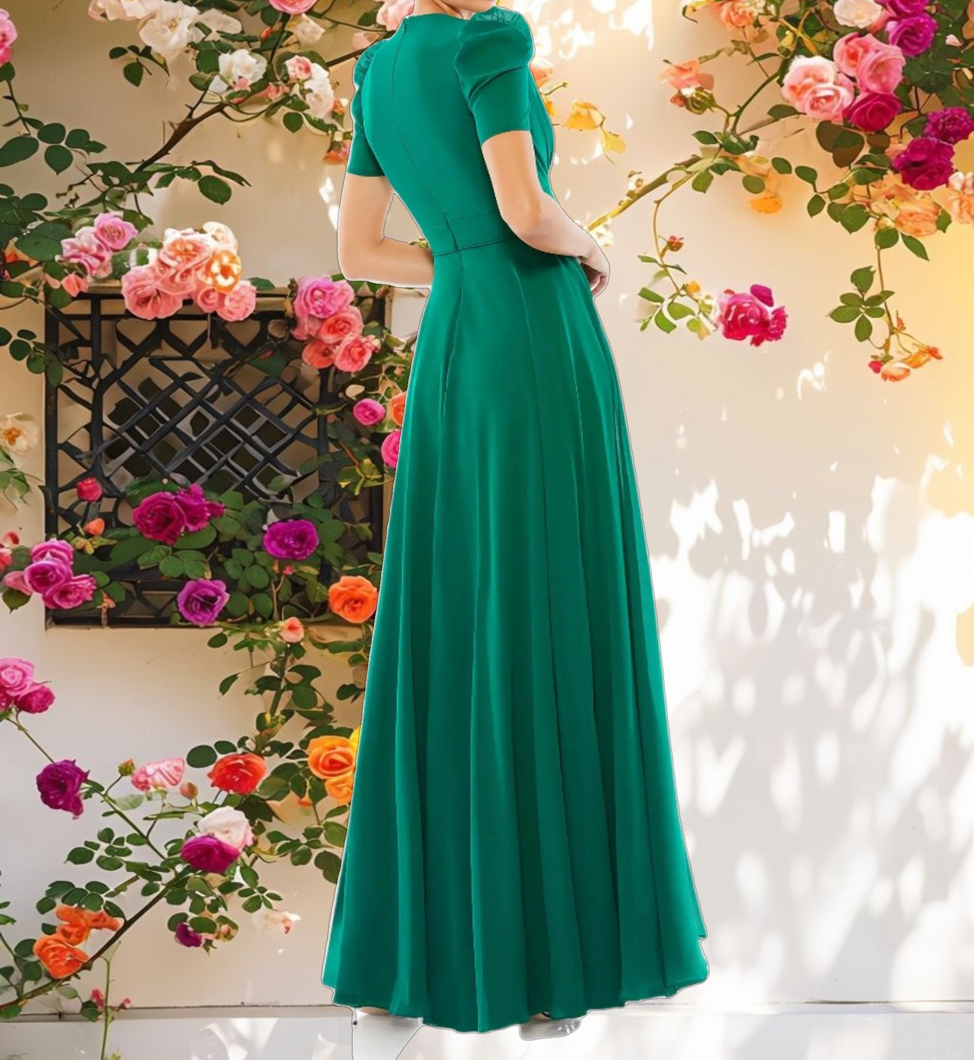 Green Plunge Neck Cap Sleeve Gown