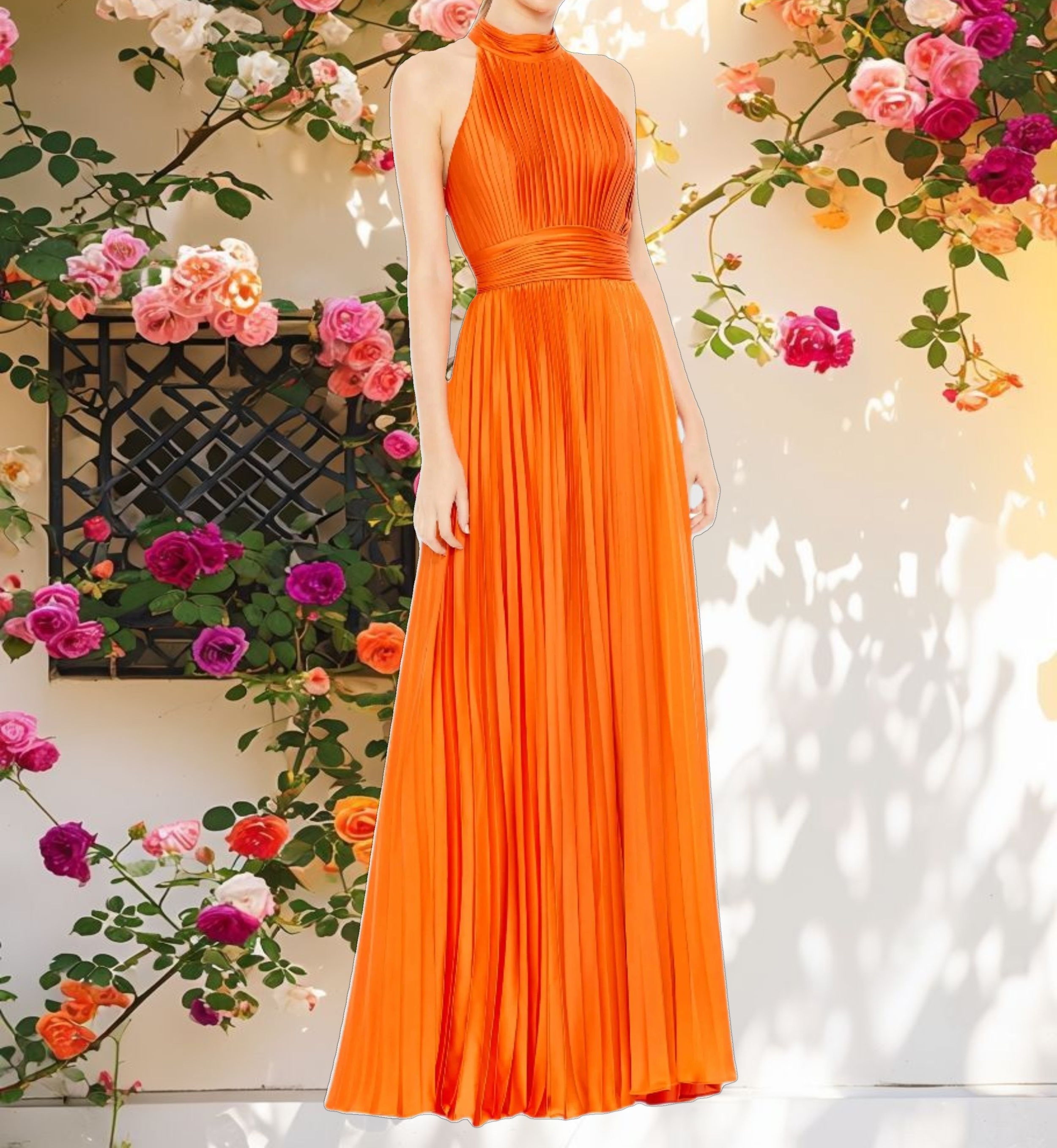 Pleated High Neck Satin Gown