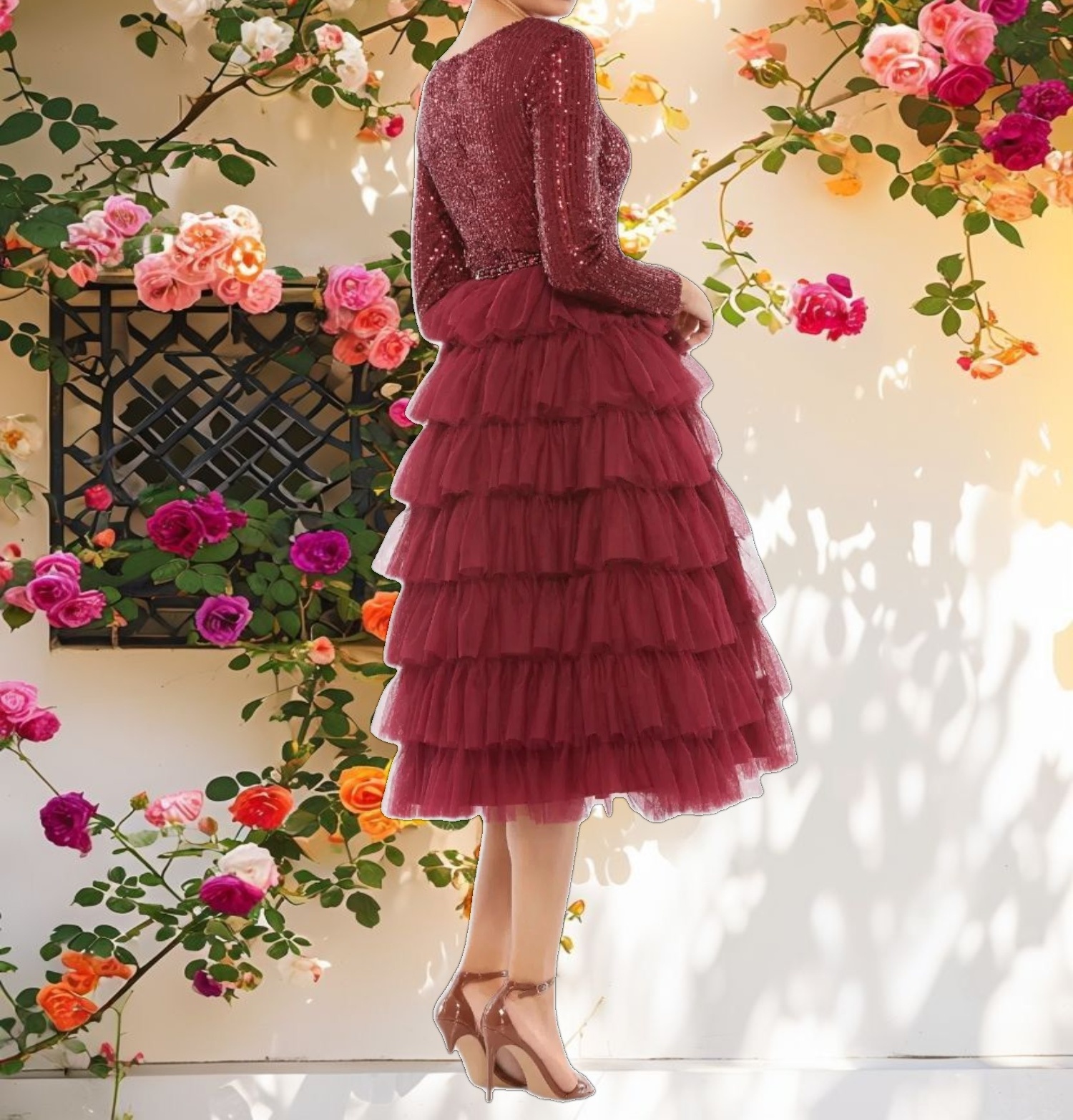 Red Long Sleeve Ruffle Tiered Midi Dress