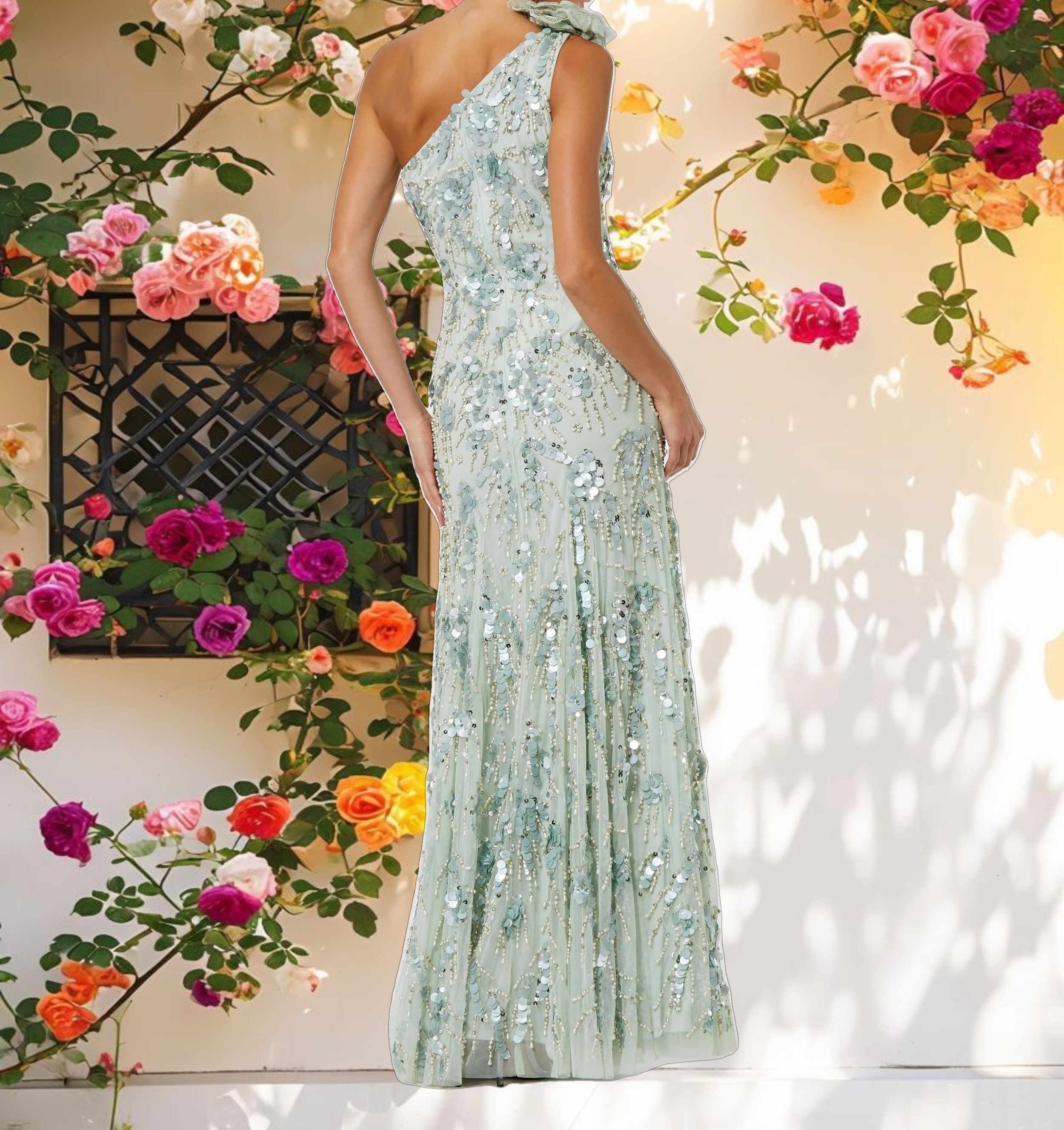 Floral Beaded Mesh Off-Shoulder Dress With Pattern