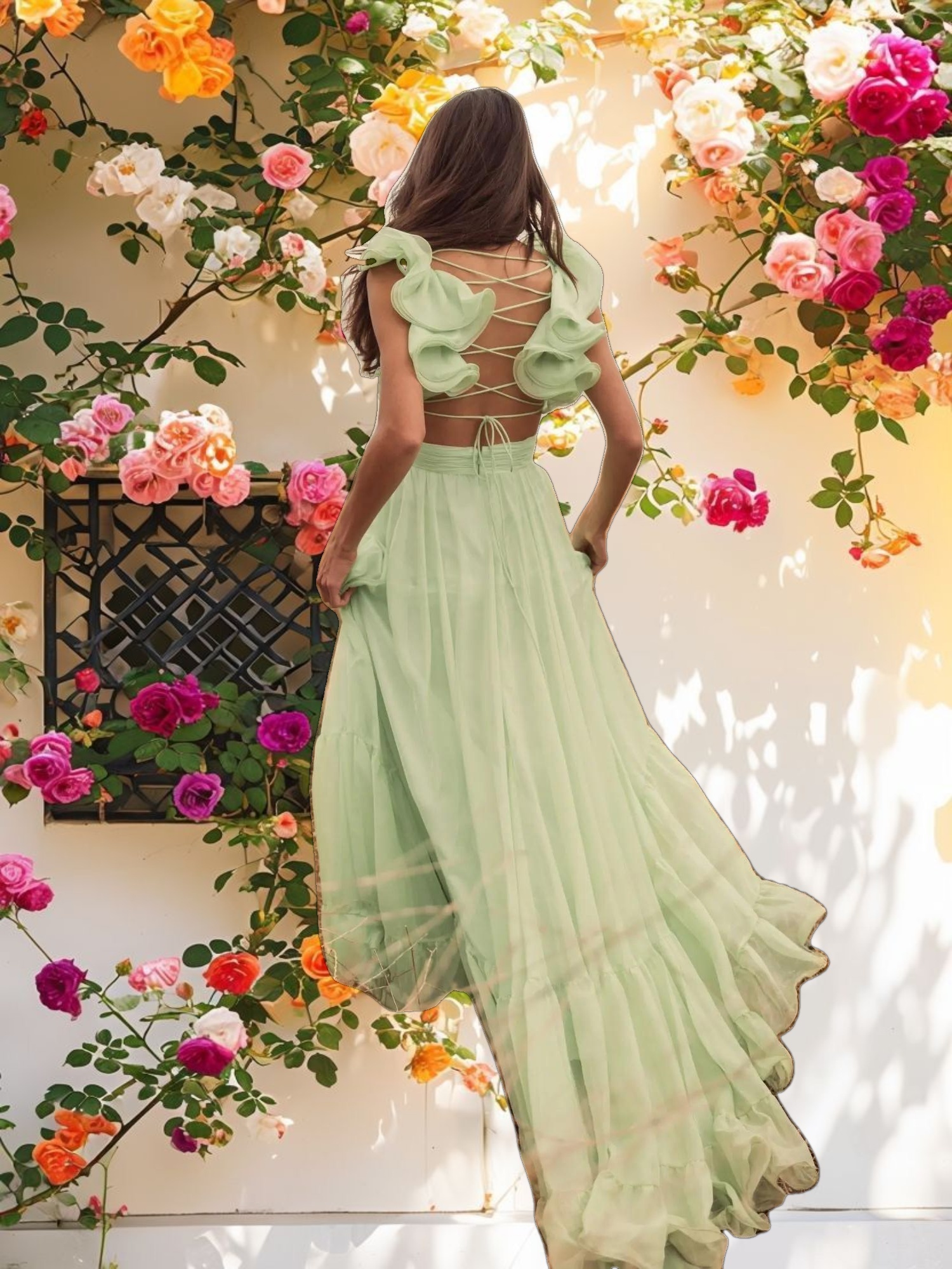 Ruffle Tiered Cut Out Chiffon Gown